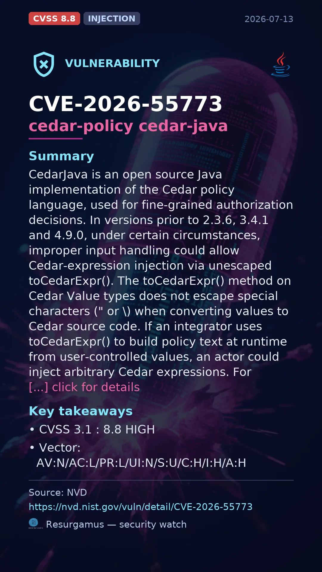 CVE-2026-55773 cedar-policy cedar-java Vulnerability