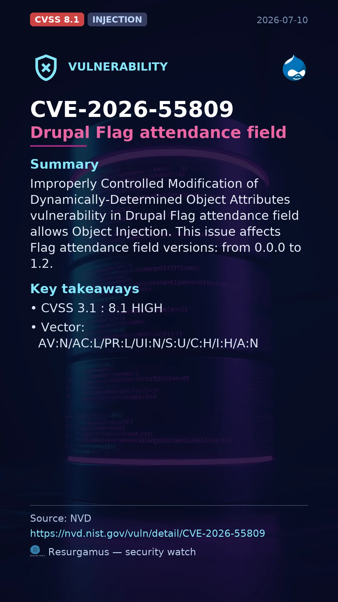 CVE-2026-55809 Drupal Flag attendance field Vulnerability