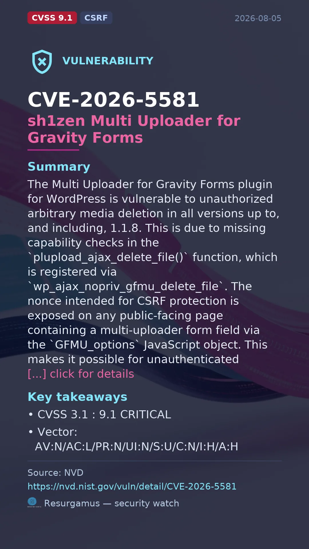 CVE-2026-5581 sh1zen Multi Uploader for Gravity Forms Vulnerability