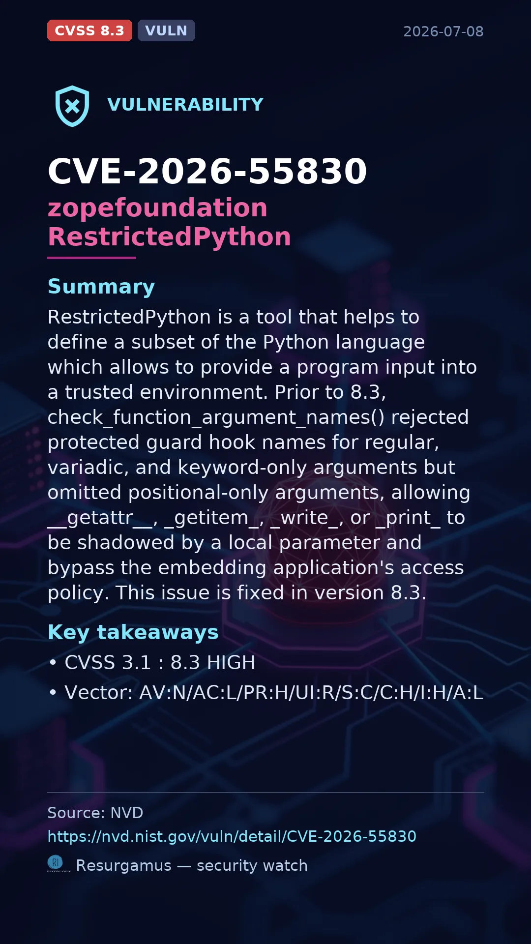 CVE-2026-55830 zopefoundation RestrictedPython Vulnerability
