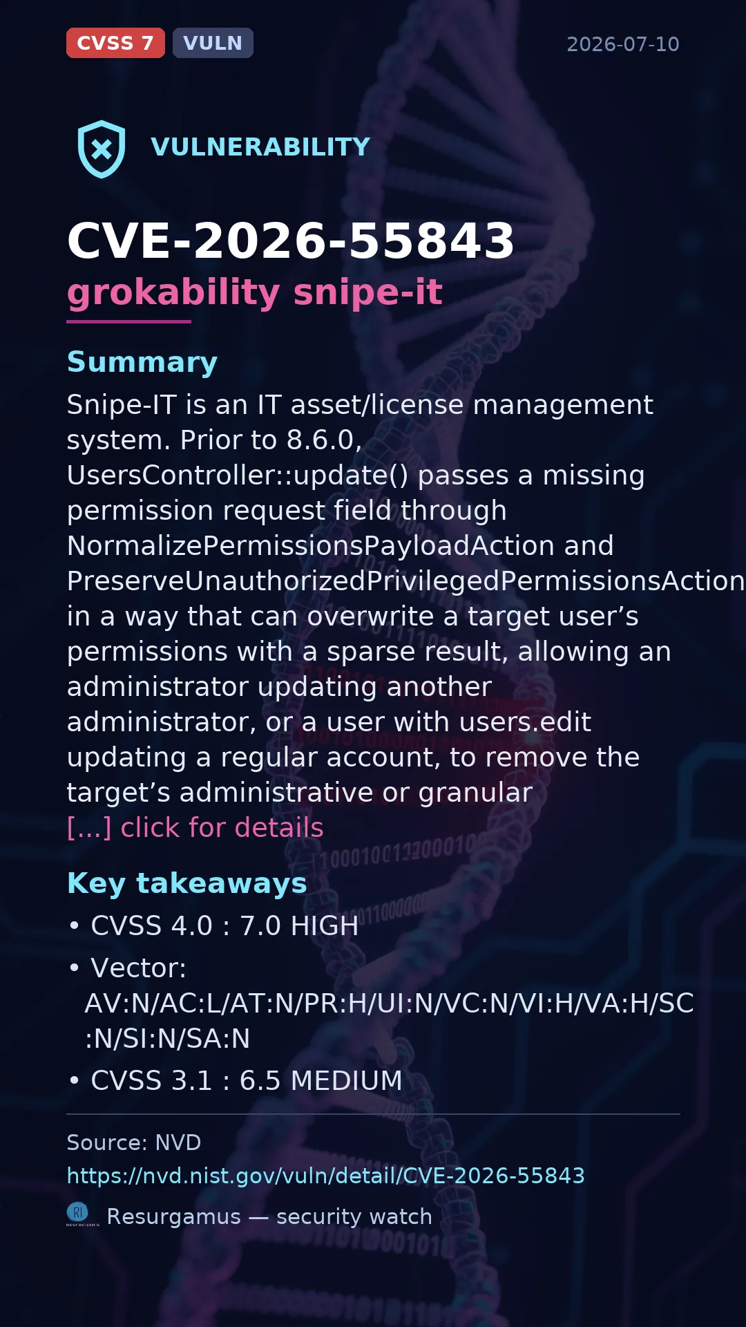 CVE-2026-55843 grokability snipe-it Vulnerability
