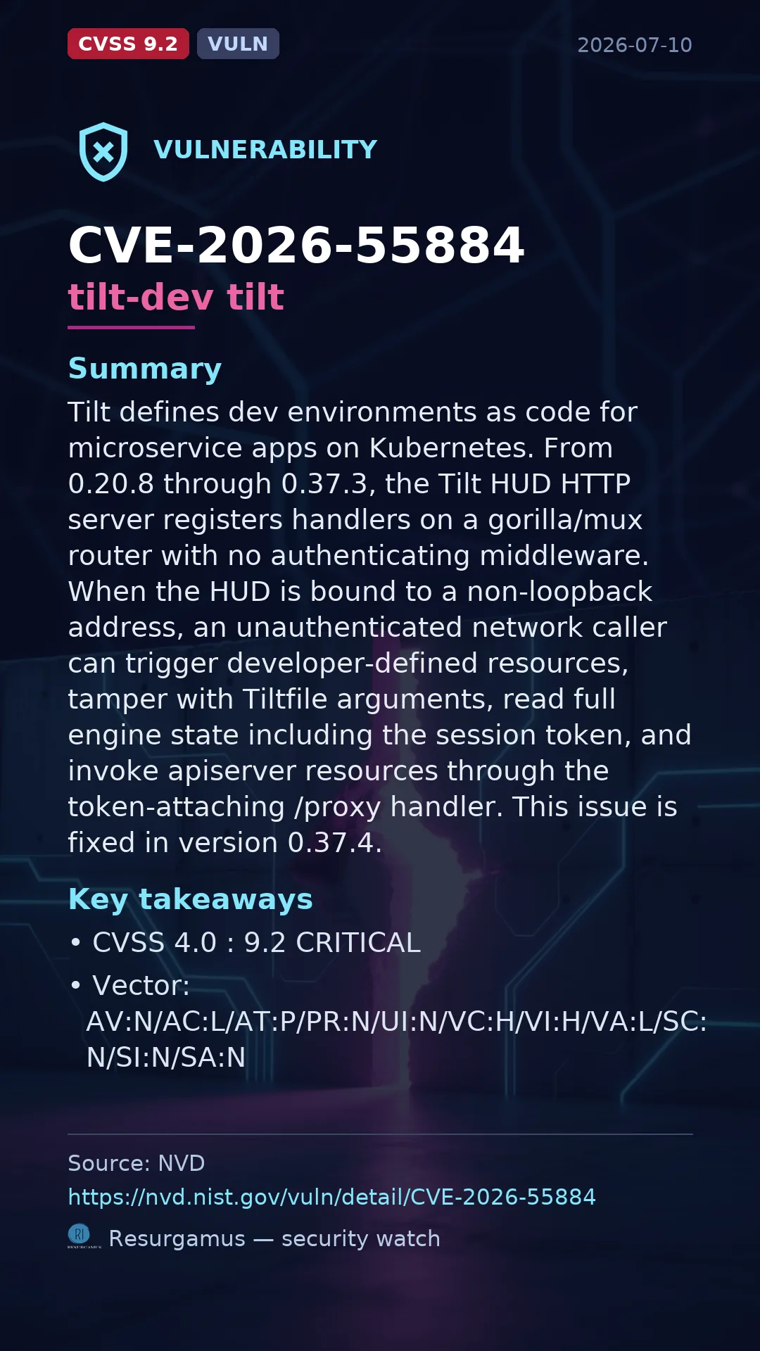 CVE-2026-55884 tilt-dev tilt Vulnerability