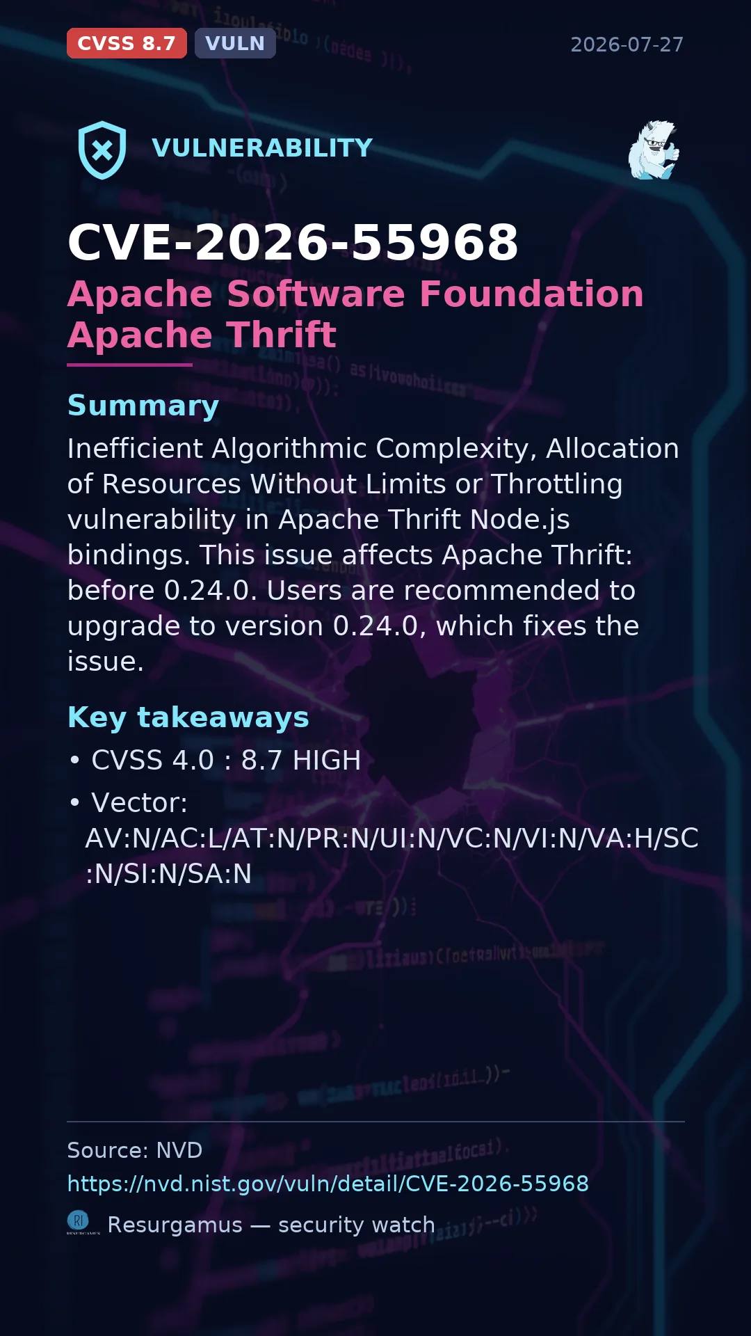 CVE-2026-55968 - Apache Software Foundation Apache Thrift vulnerability