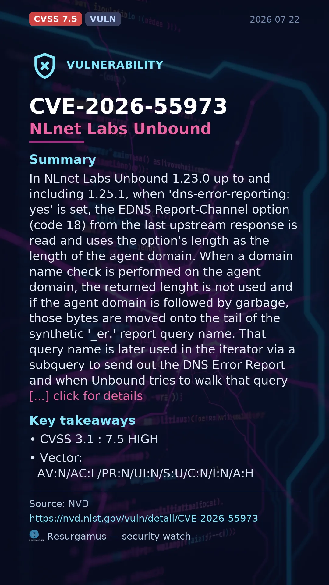 CVE-2026-55973 NLnet Labs Unbound Vulnerability