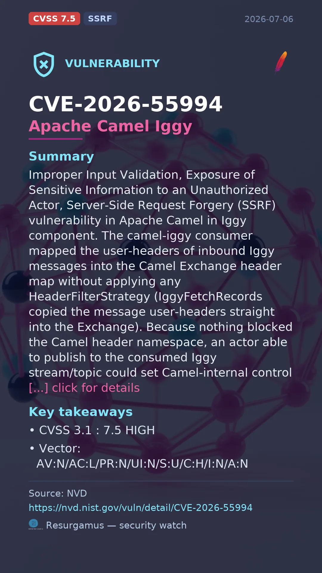 CVE-2026-55994 Apache Camel Iggy Vulnerability