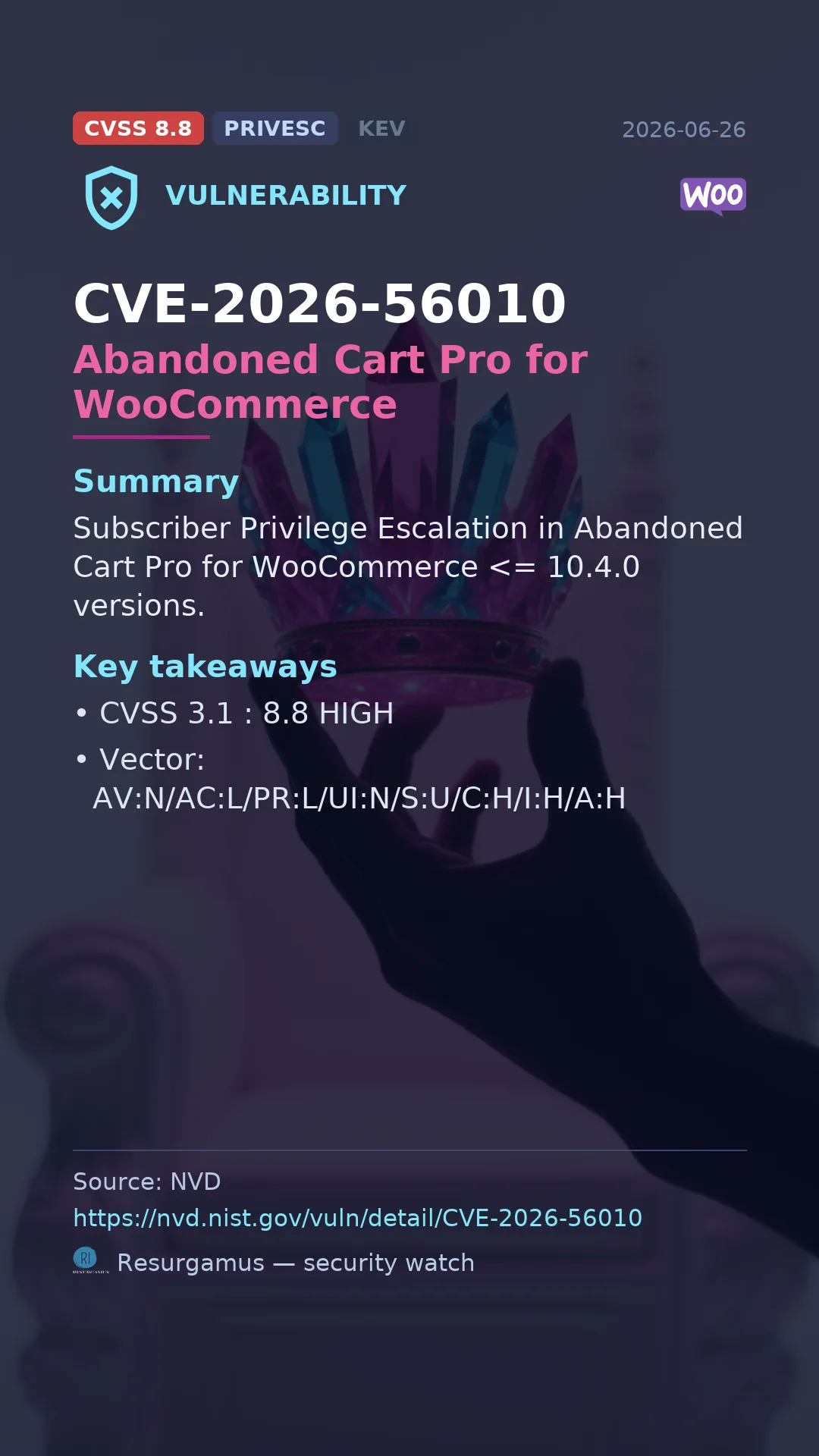 CVE-2026-56010 Abandoned Cart Pro for WooCommerce Vulnerability