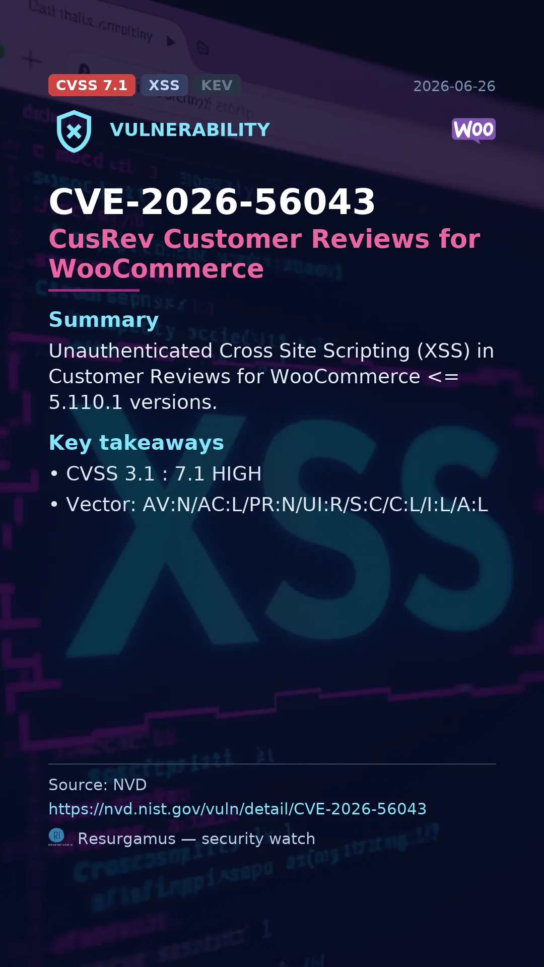 CVE-2026-56043 CusRev Customer Reviews for WooCommerce Vulnerability