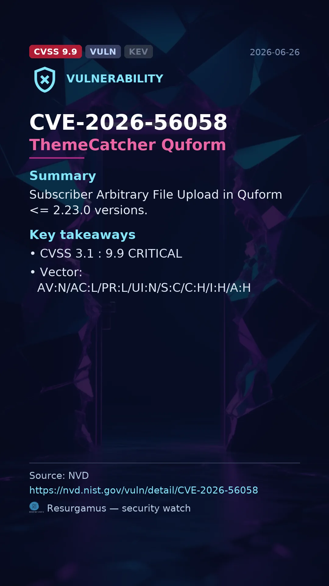 CVE-2026-56058 ThemeCatcher Quform Vulnerability