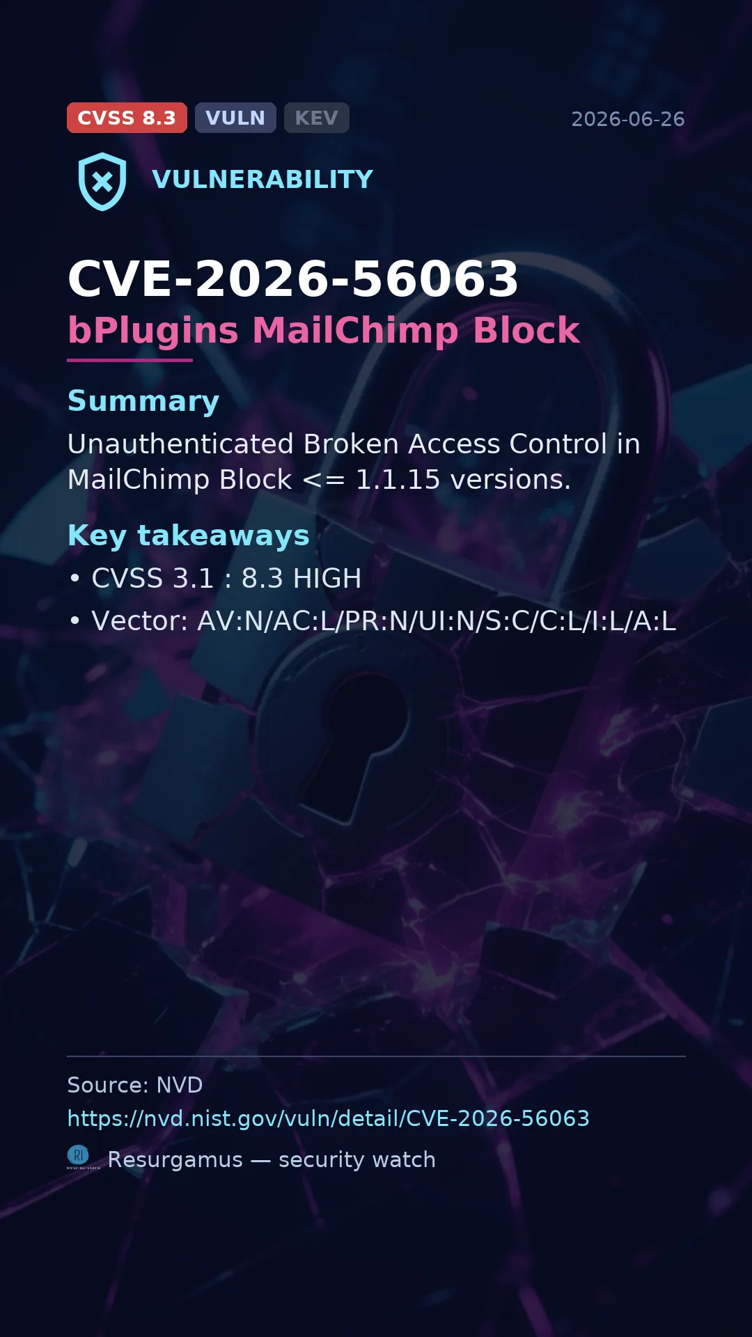 CVE-2026-56063 bPlugins MailChimp Block Vulnerability