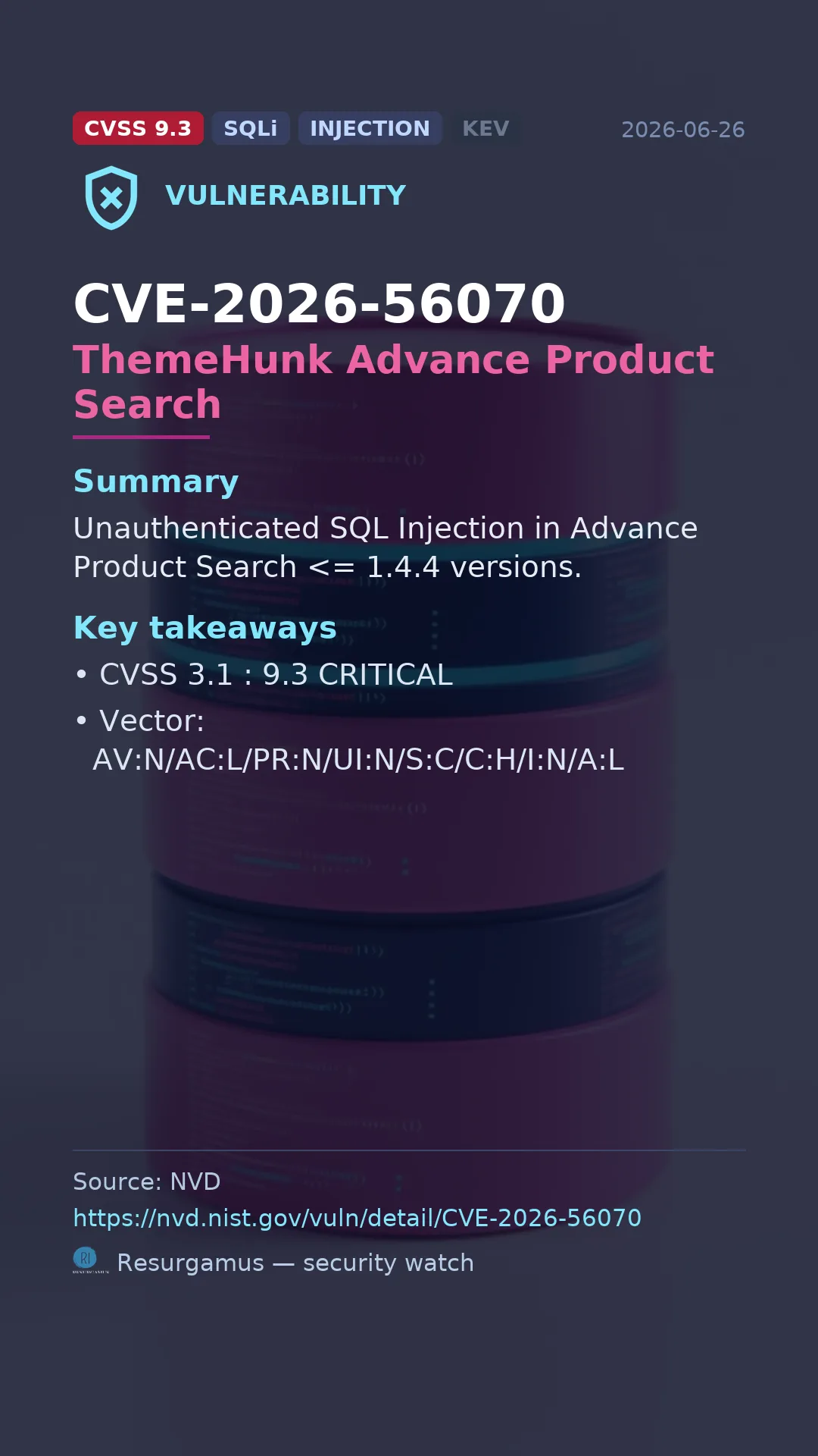 CVE-2026-56070 ThemeHunk Advance Product Search Vulnerability