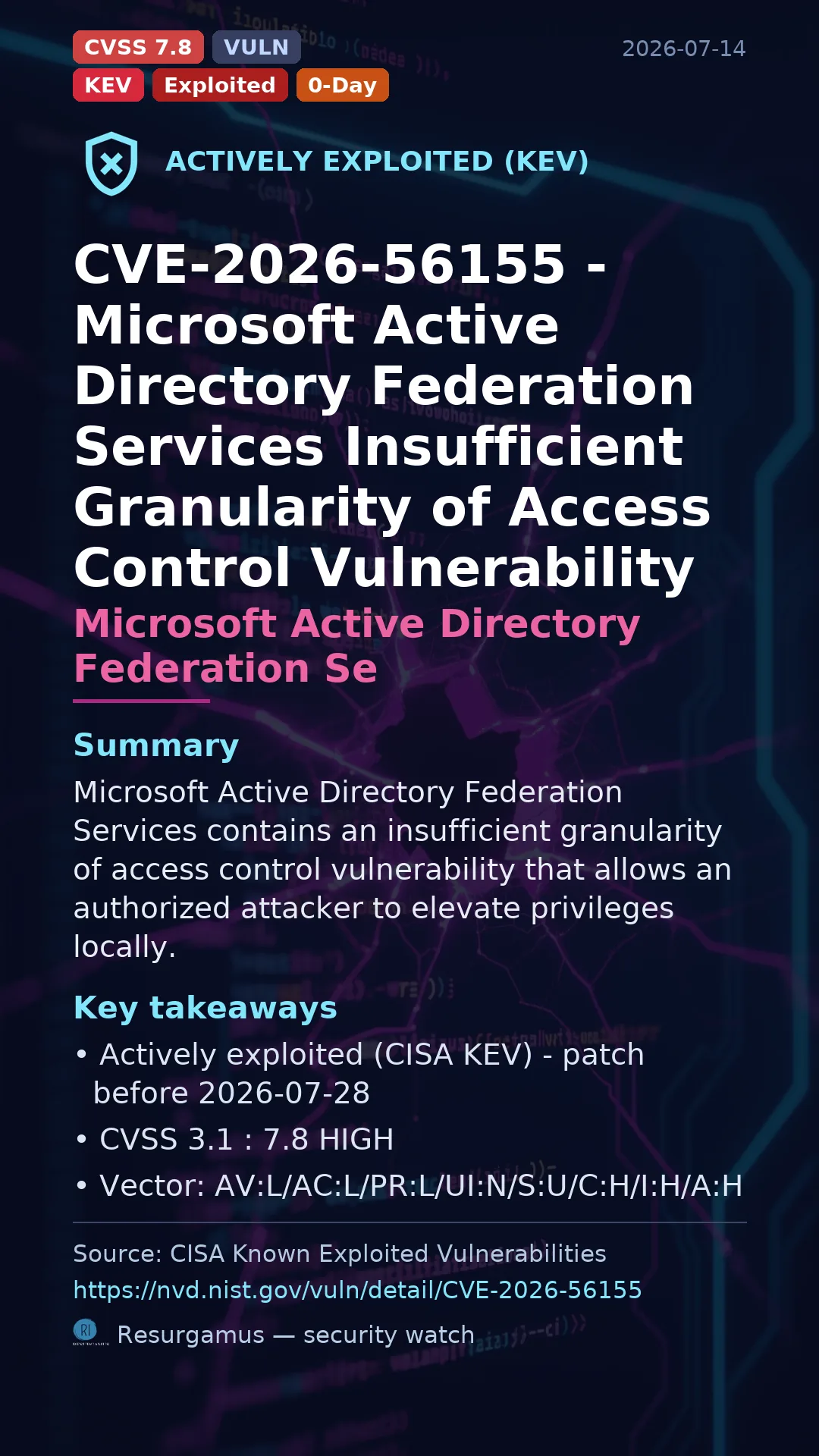 CVE-2026-56155 - Microsoft Active Directory Federation Se - actively exploited (KEV) vulnerability