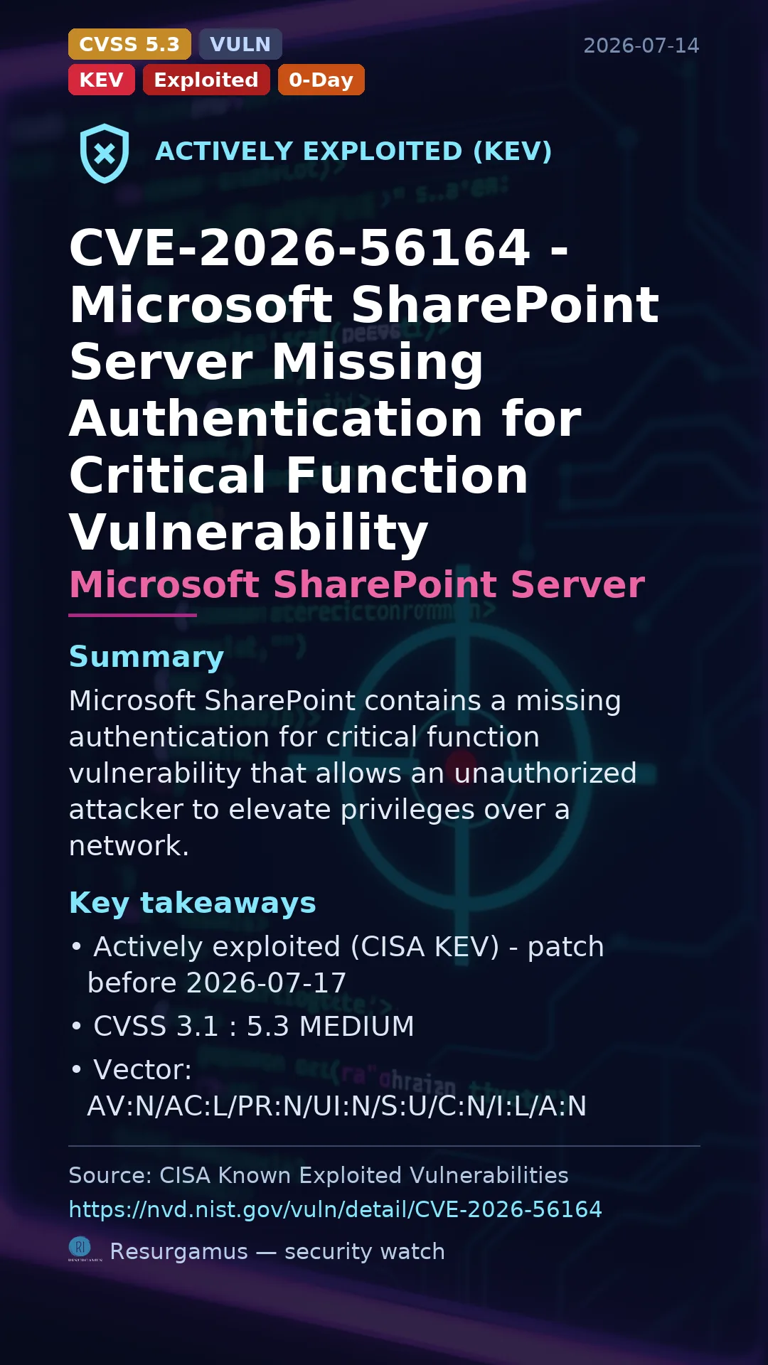 CVE-2026-56164 - Microsoft SharePoint Server - actively exploited (KEV) vulnerability