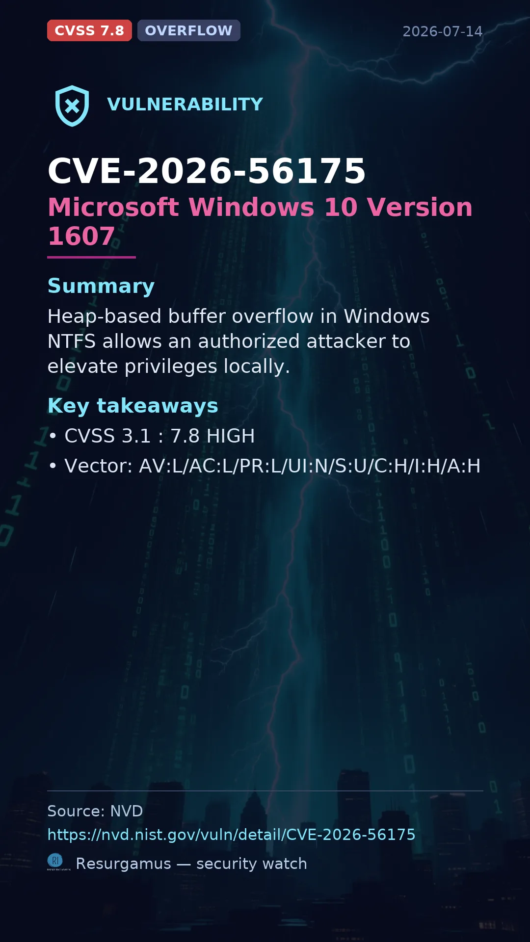 CVE-2026-56175 Microsoft Windows 10 Version 1607 Vulnerability