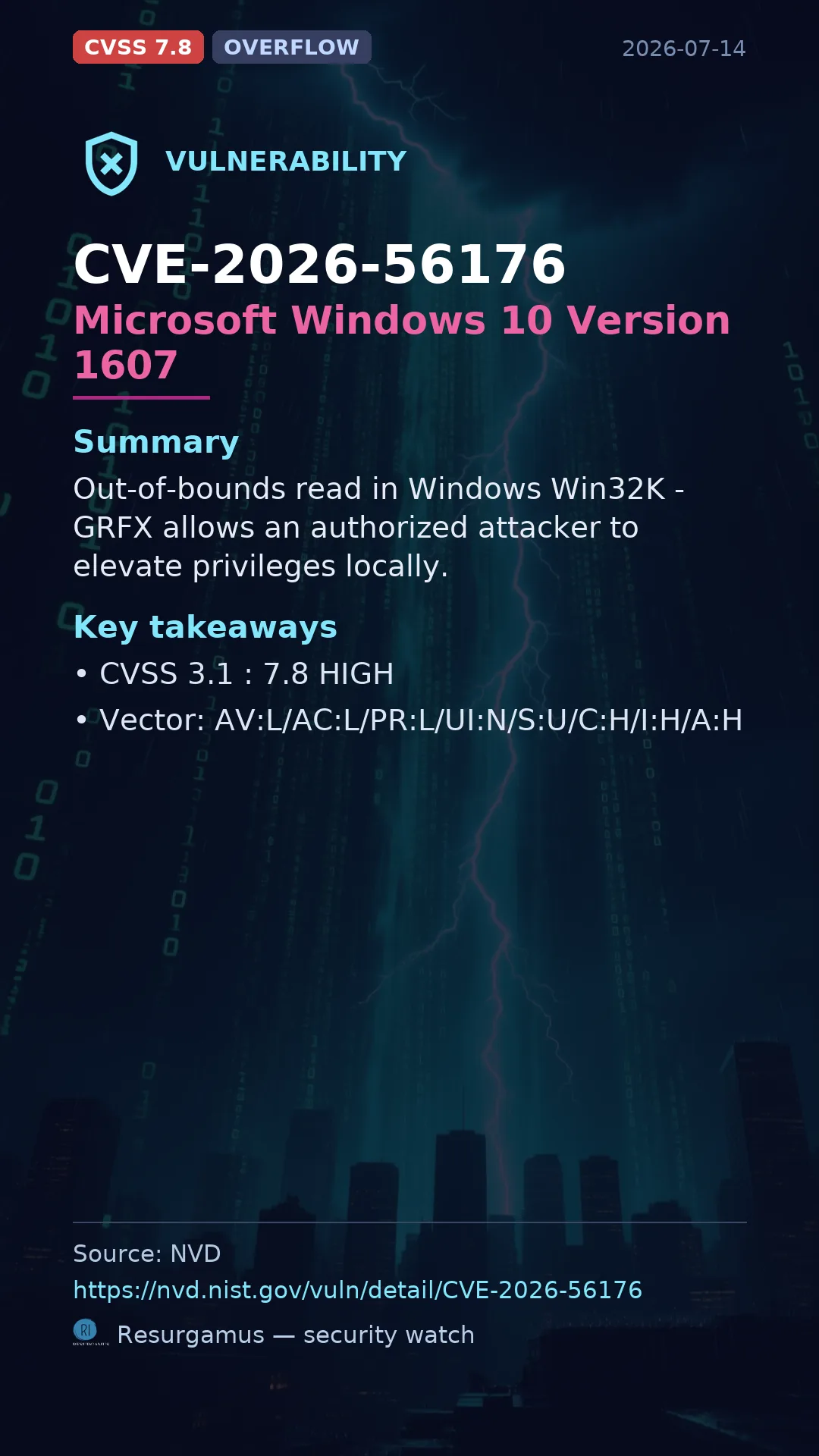 CVE-2026-56176 Microsoft Windows 10 Version 1607 Vulnerability