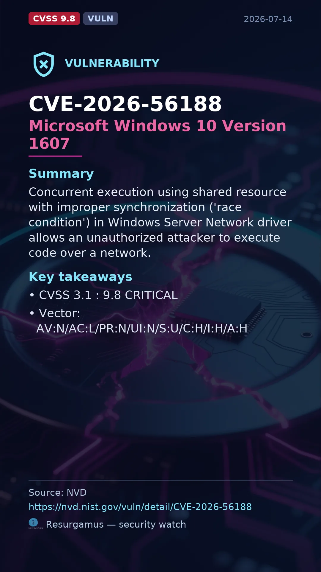 CVE-2026-56188 Microsoft Windows 10 Version 1607 Vulnerability
