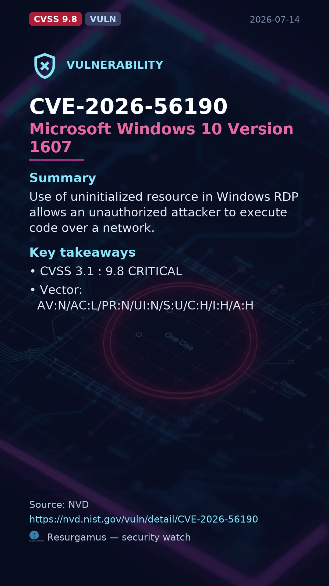 CVE-2026-56190 Microsoft Windows 10 Version 1607 Vulnerability