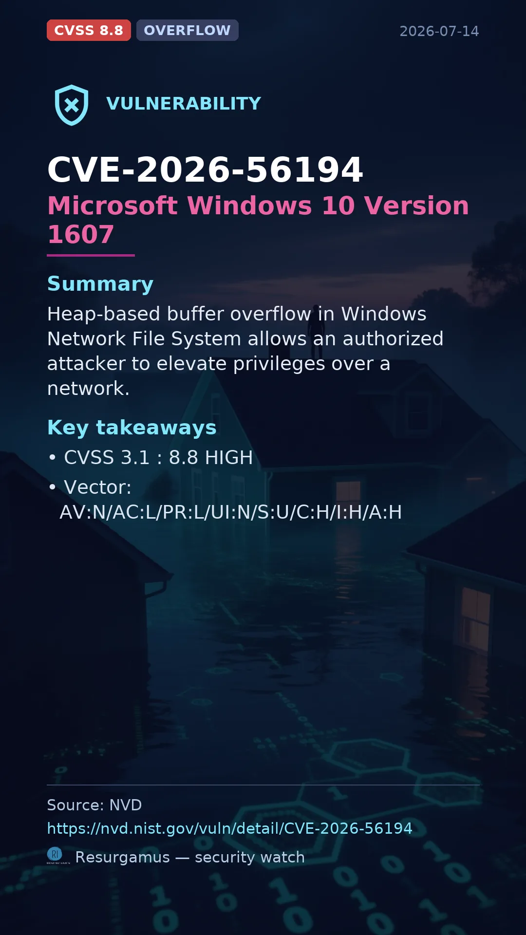 CVE-2026-56194 Microsoft Windows 10 Version 1607 Vulnerability