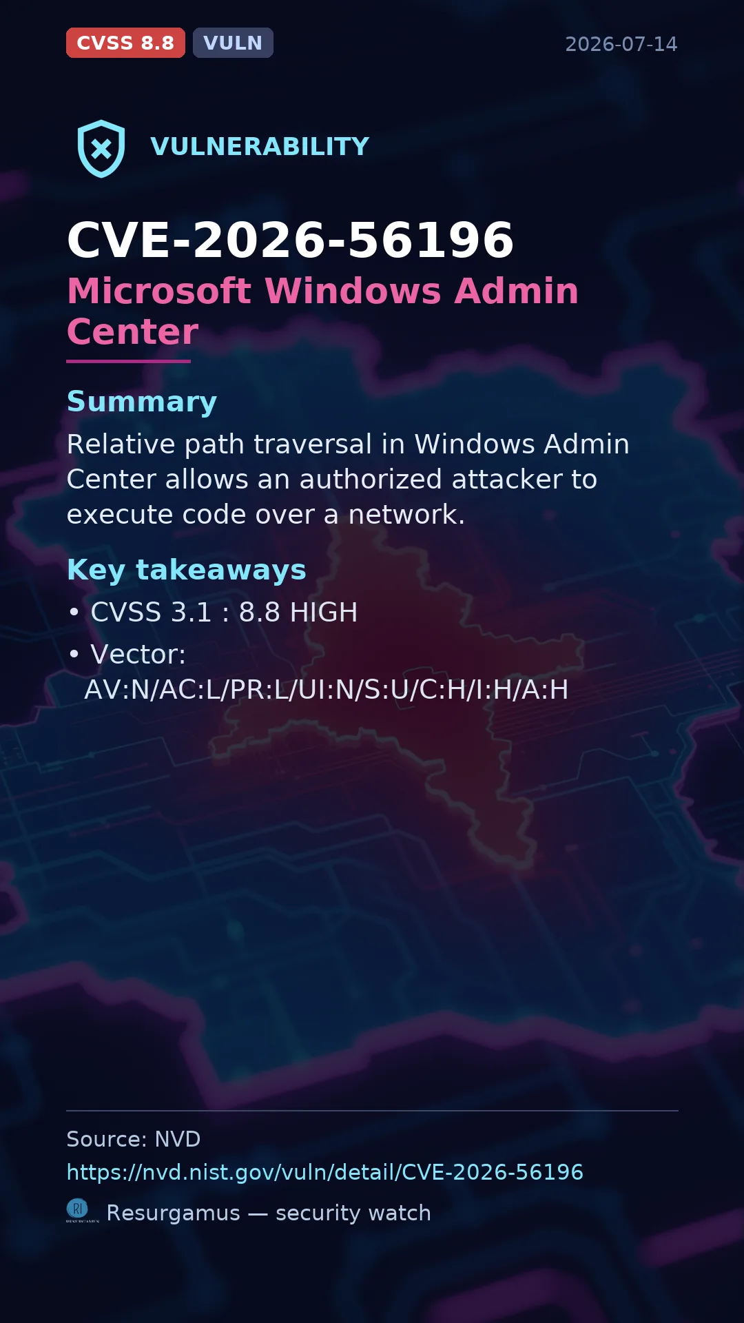 CVE-2026-56196 Microsoft Windows Admin Center Vulnerability