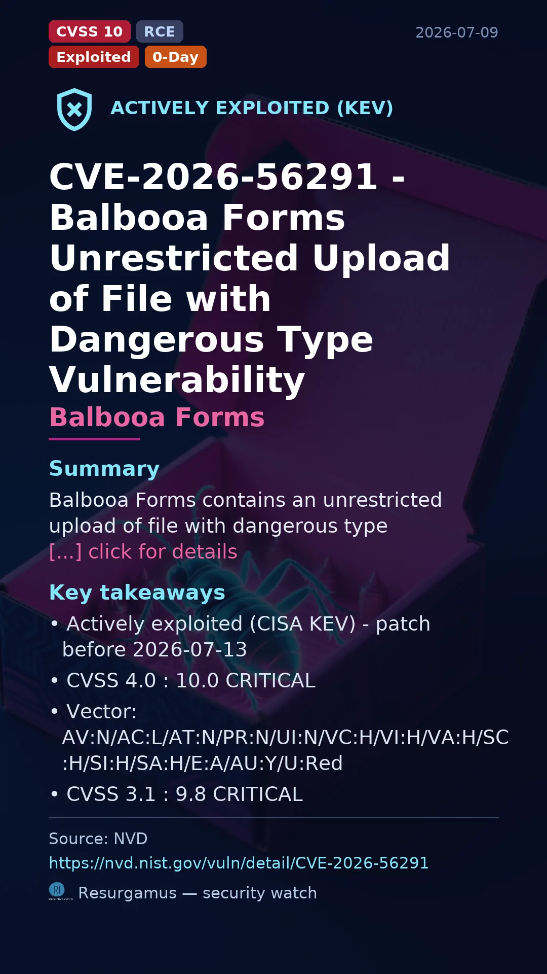 CVE-2026-56291 - Balbooa Forms - actively exploited (KEV) vulnerability