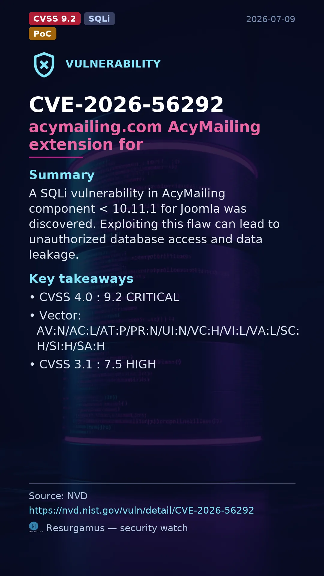 CVE-2026-56292 acymailing.com AcyMailing extension for  Vulnerability