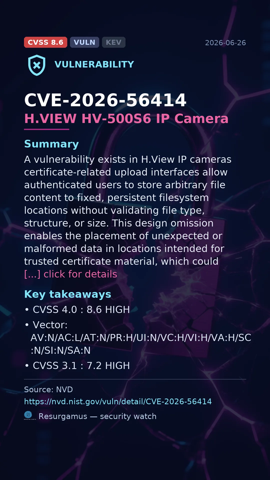 CVE-2026-56414 H.VIEW HV-500S6 IP Camera Vulnerability