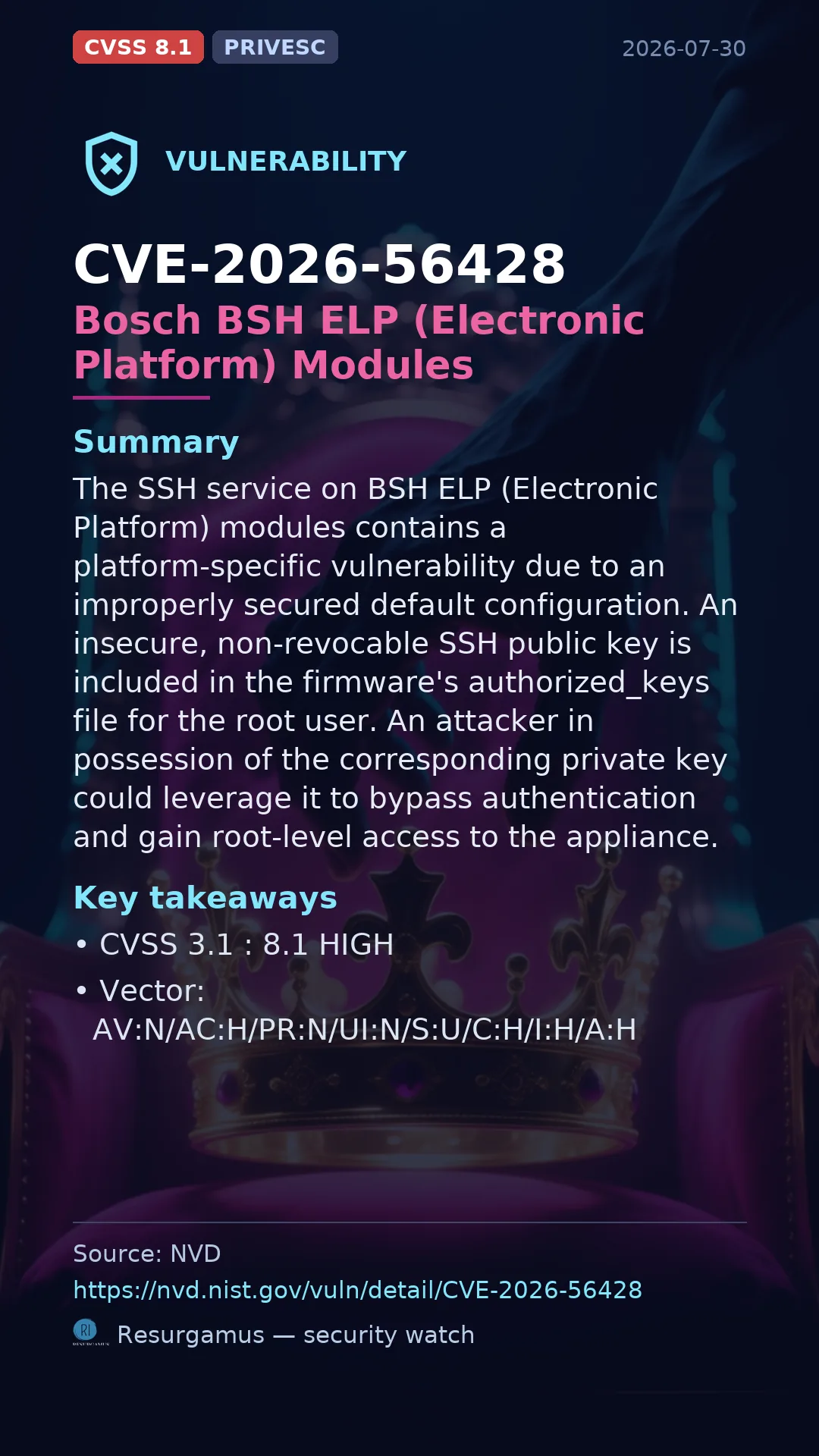 CVE-2026-56428 Bosch BSH ELP (Electronic Platform) Modules Vulnerability