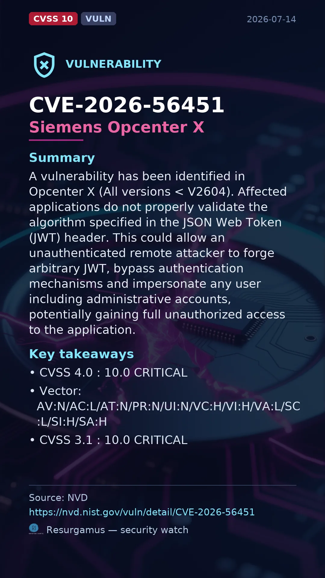 CVE-2026-56451 Siemens Opcenter X Vulnerability