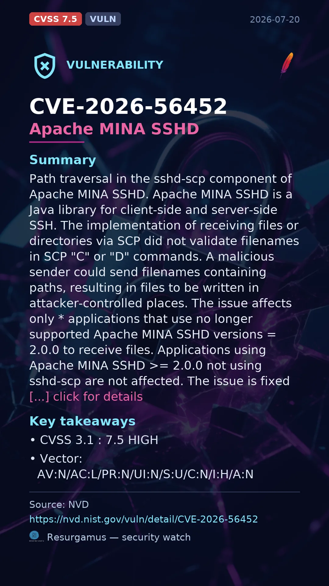 CVE-2026-56452 Apache MINA SSHD Vulnerability