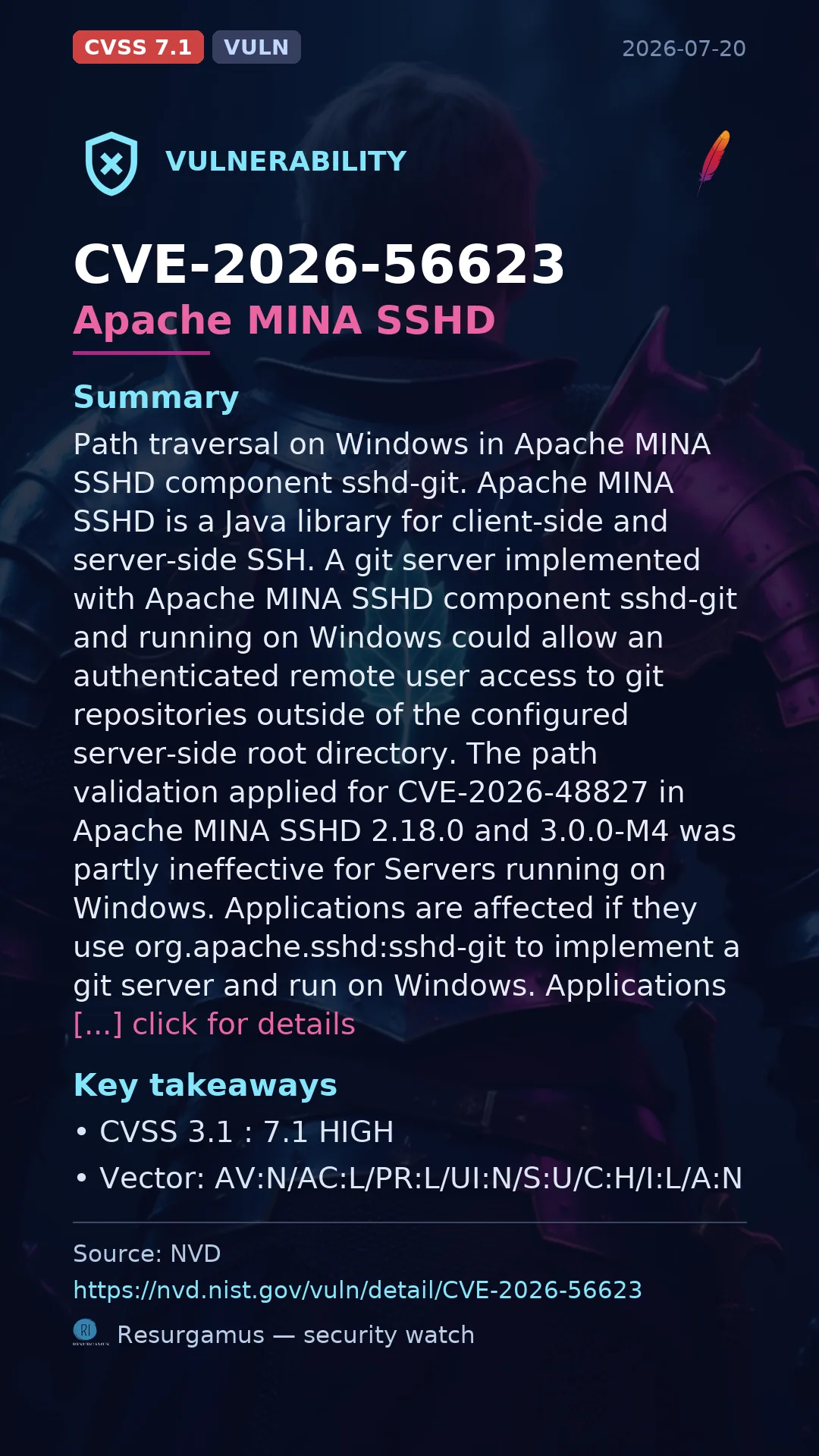 CVE-2026-56623 Apache MINA SSHD Vulnerability