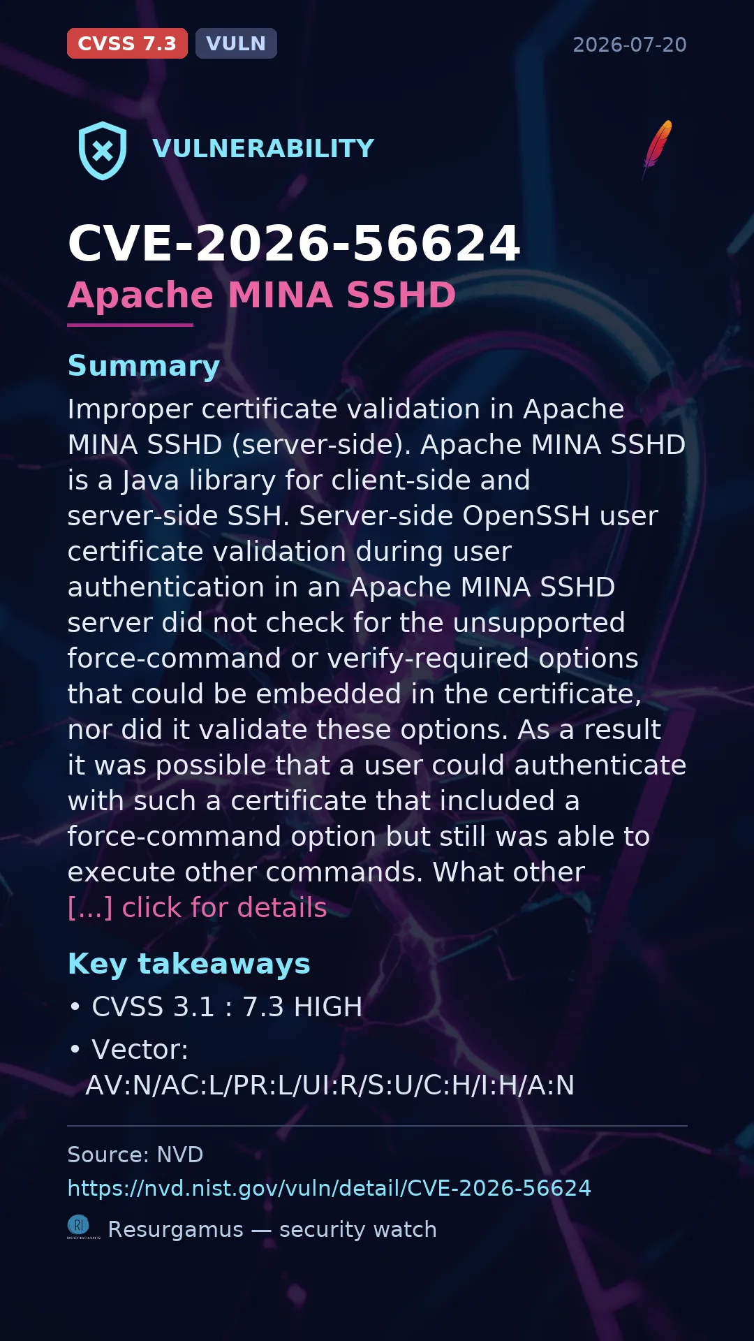 CVE-2026-56624 Apache MINA SSHD Vulnerability