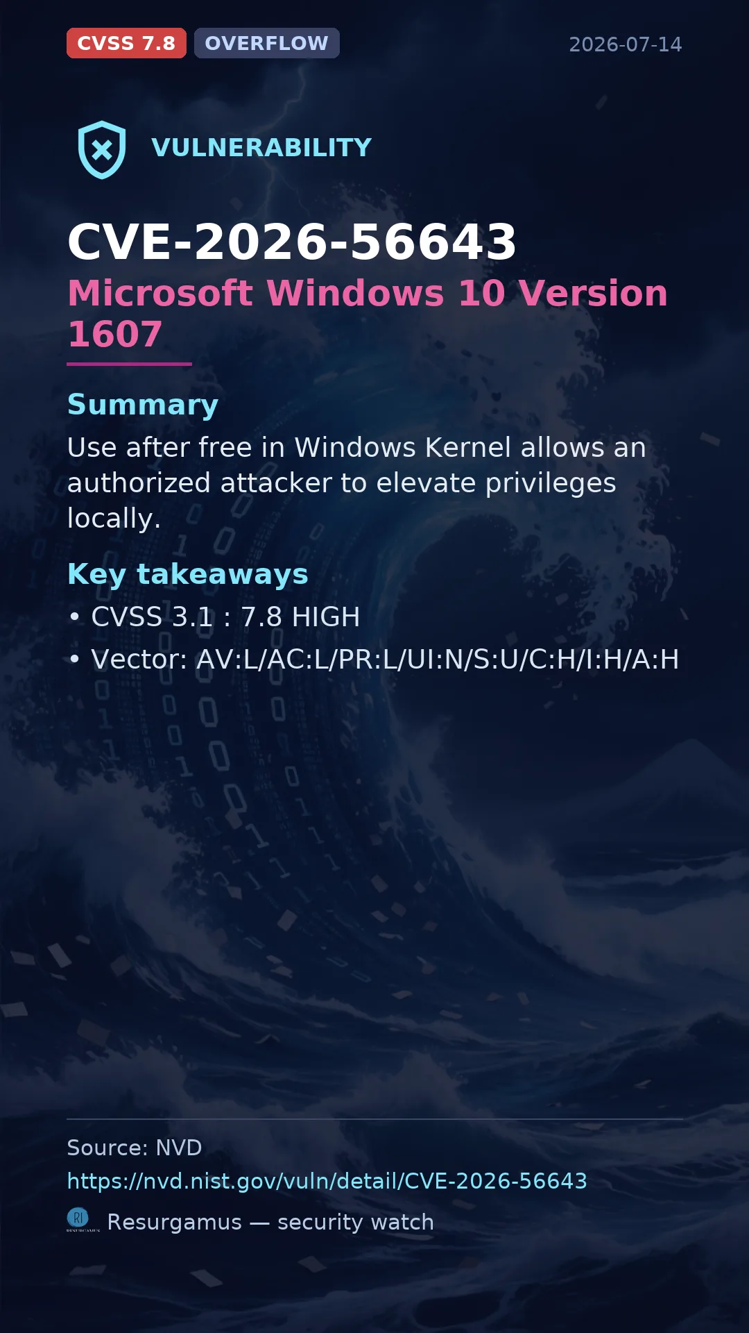CVE-2026-56643 Microsoft Windows 10 Version 1607 Vulnerability