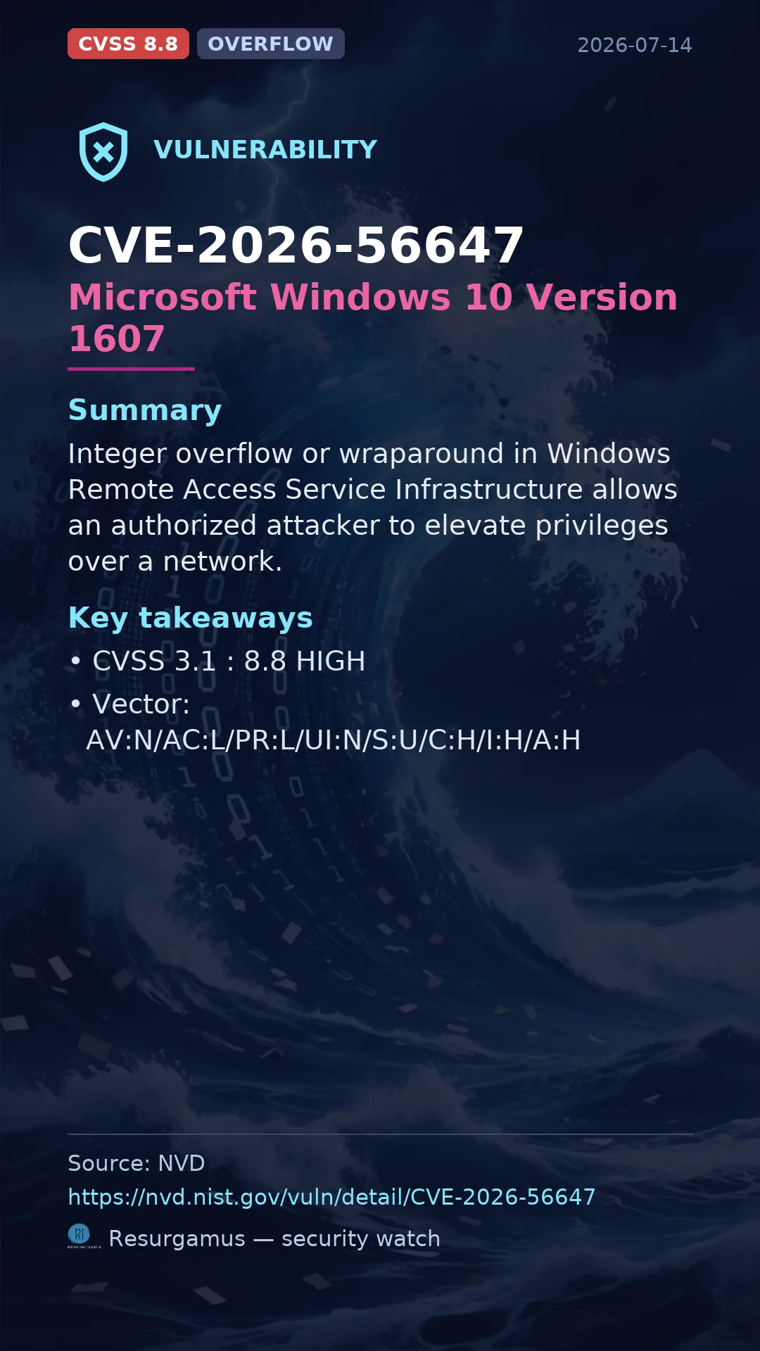 CVE-2026-56647 Microsoft Windows 10 Version 1607 Vulnerability
