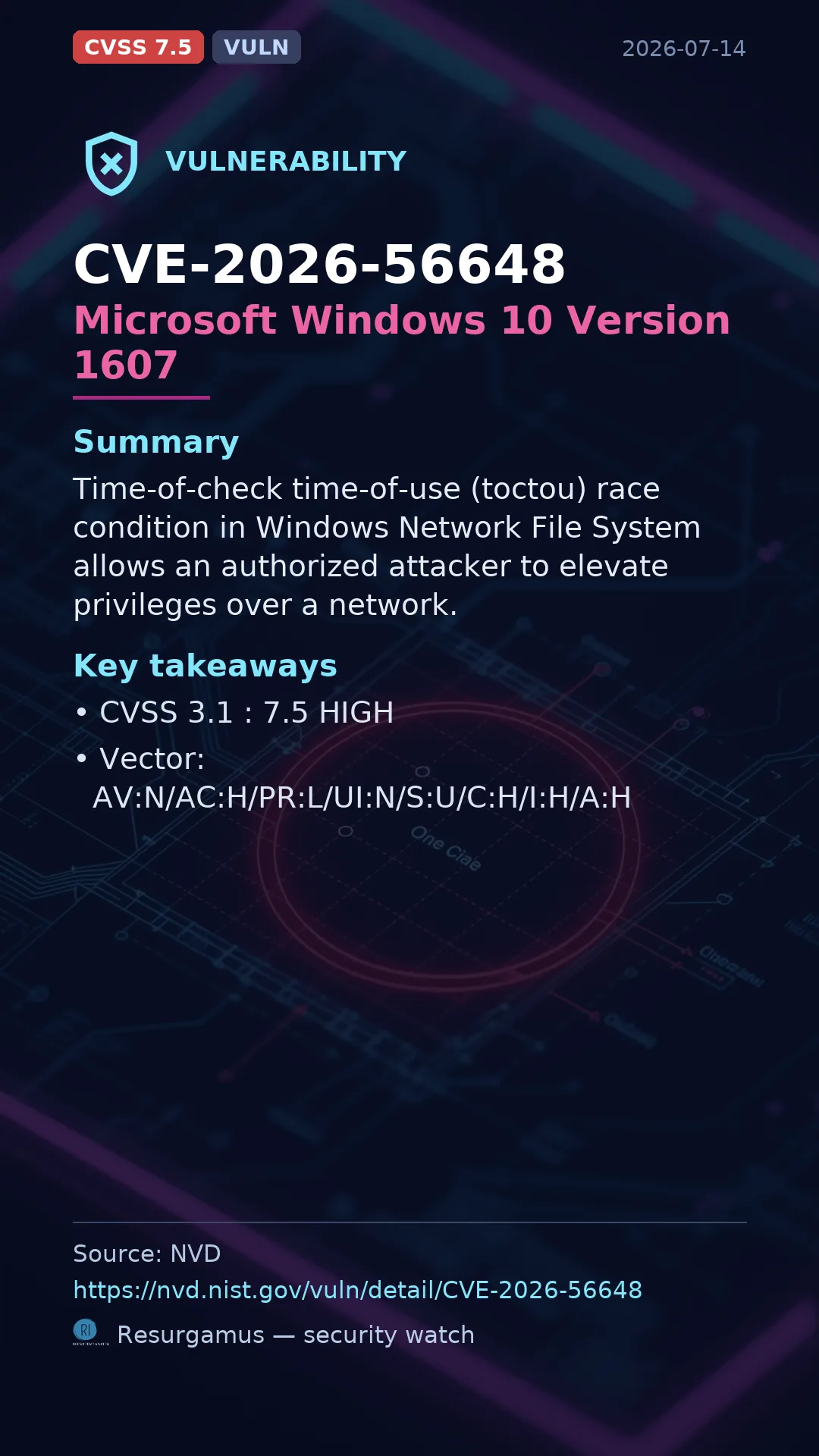 CVE-2026-56648 Microsoft Windows 10 Version 1607 Vulnerability