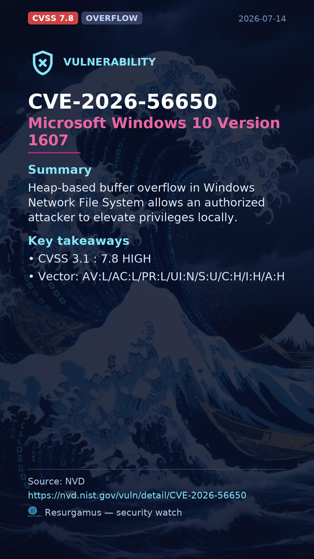 CVE-2026-56650 Microsoft Windows 10 Version 1607 Vulnerability