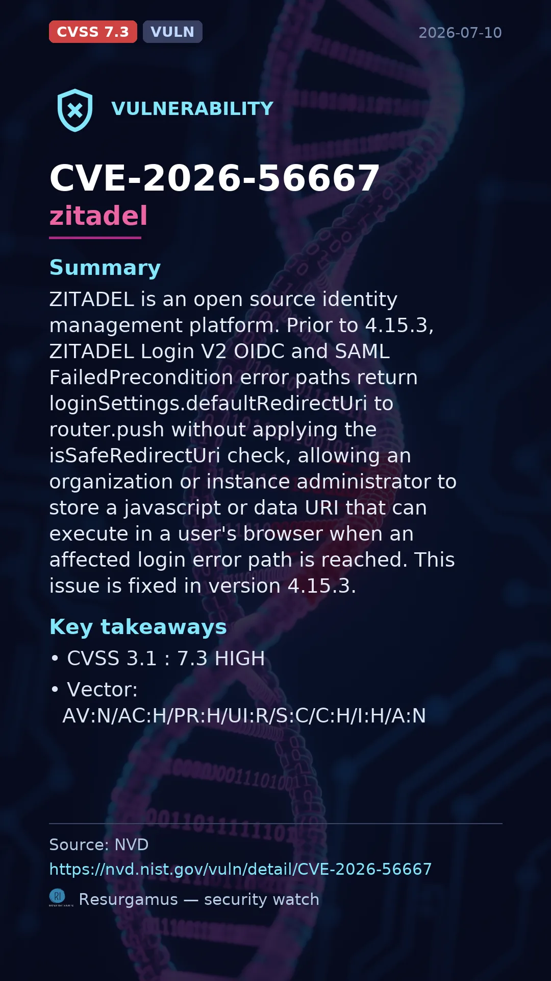 CVE-2026-56667 zitadel Vulnerability