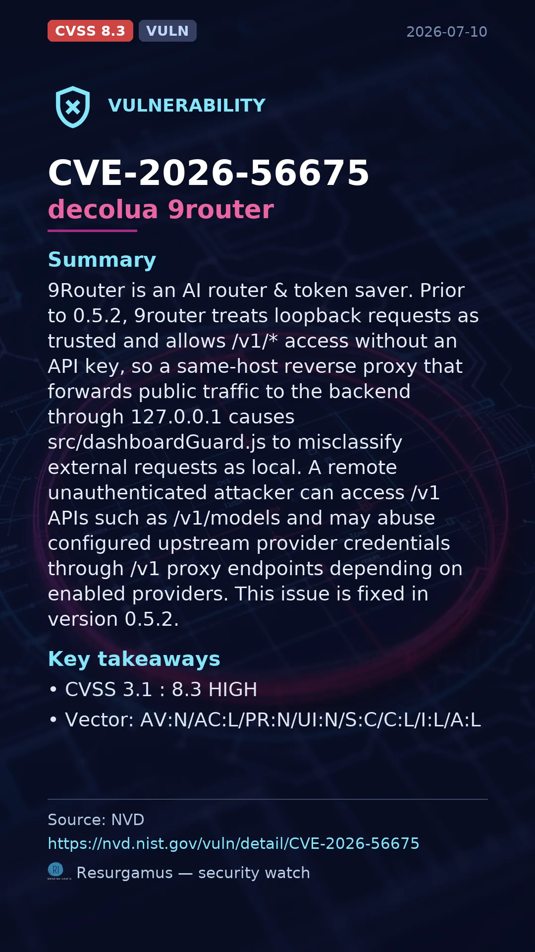 CVE-2026-56675 decolua 9router Vulnerability