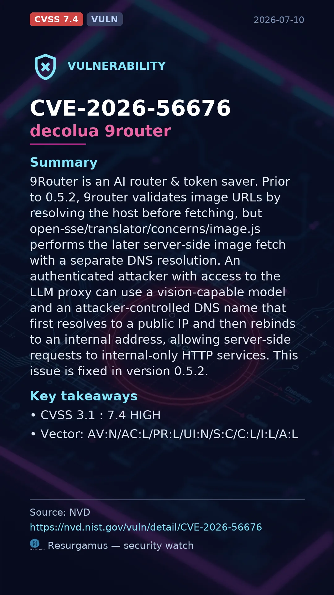 CVE-2026-56676 decolua 9router Vulnerability