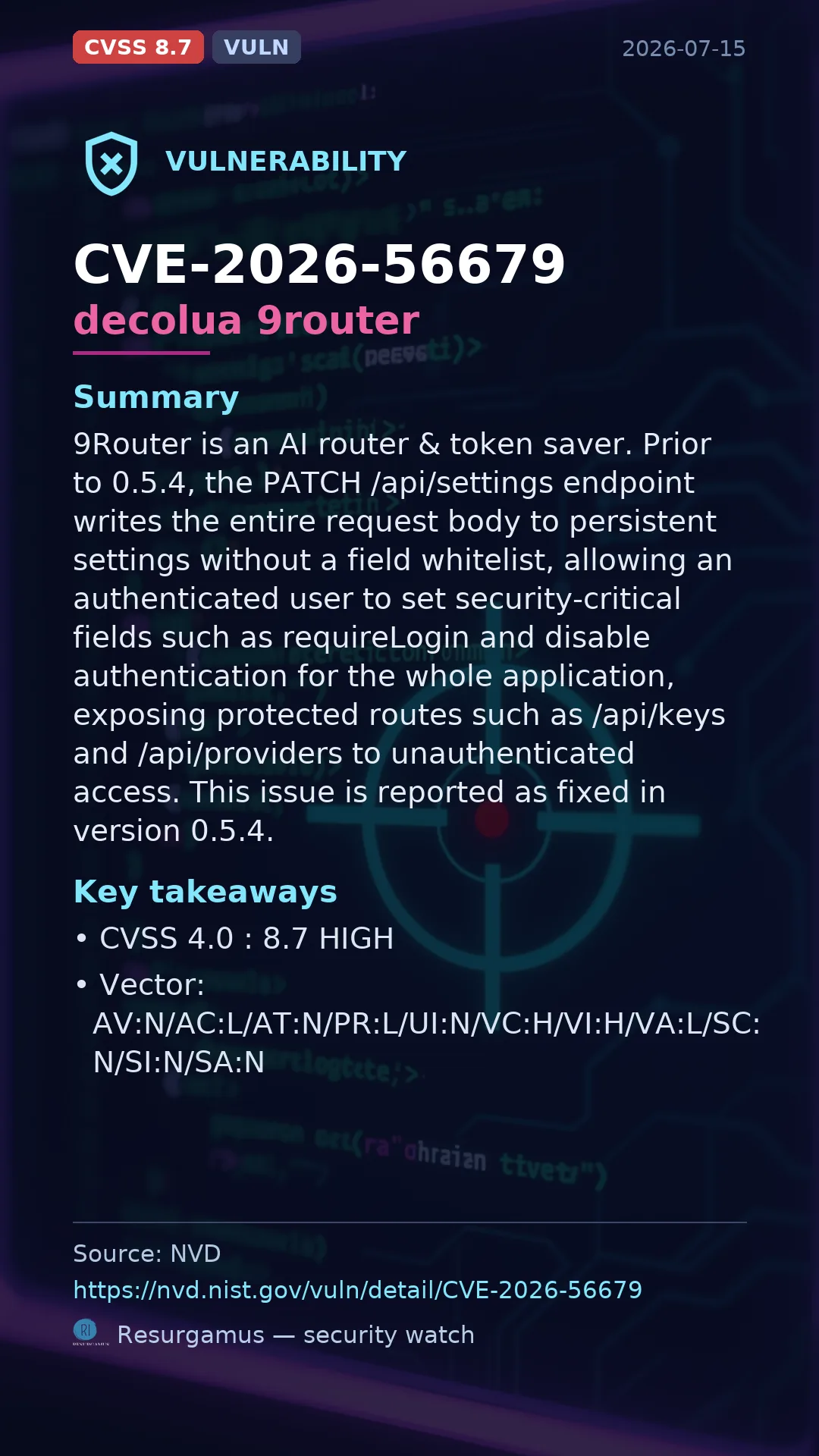 CVE-2026-56679 decolua 9router Vulnerability