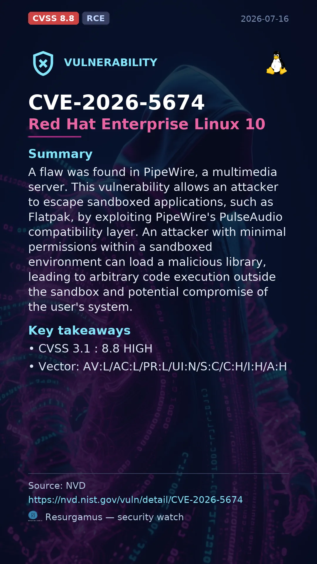 CVE-2026-5674 Red Hat Enterprise Linux 10 Vulnerability
