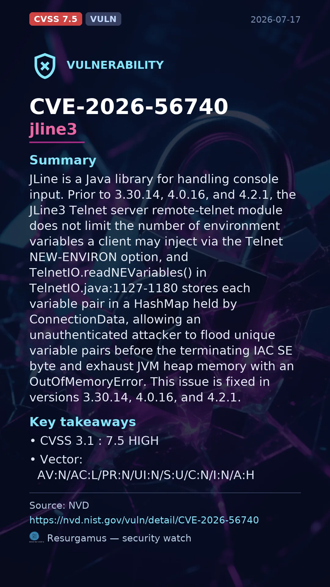 CVE-2026-56740 jline3 Vulnerability