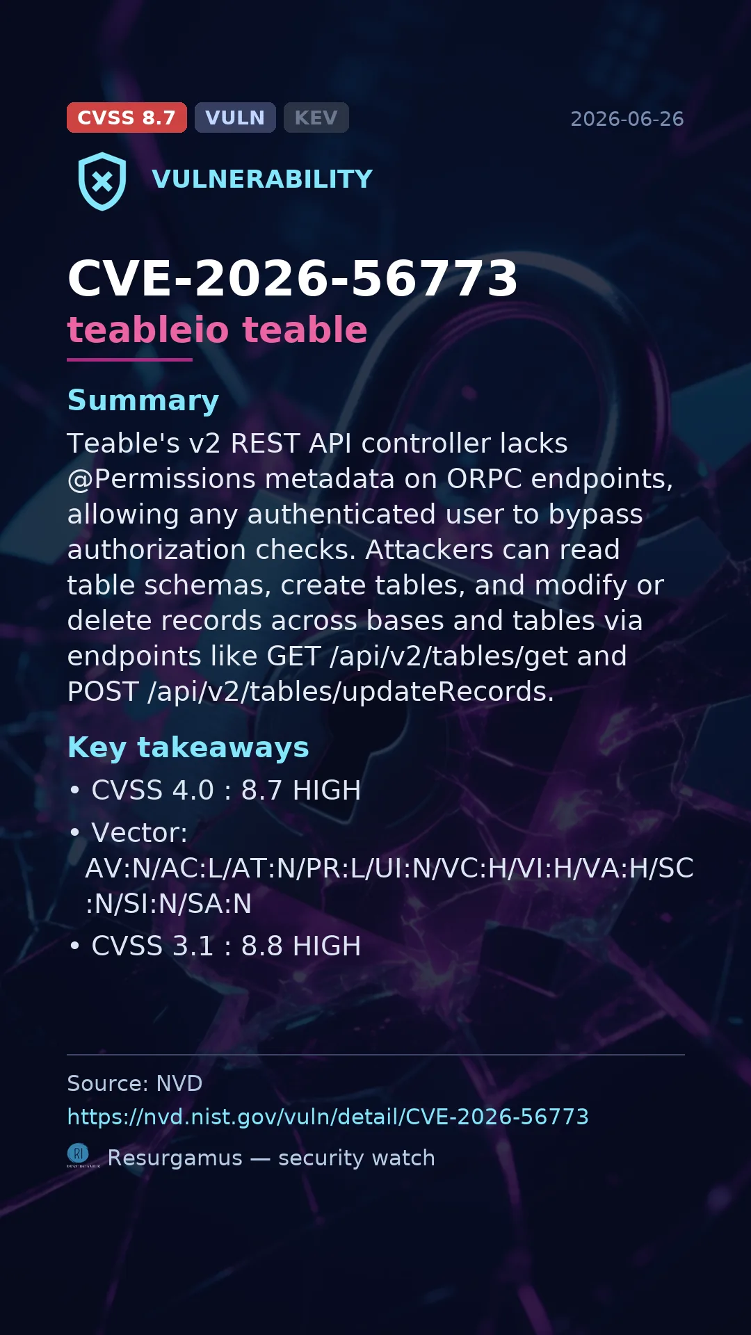CVE-2026-56773 teableio teable Vulnerability