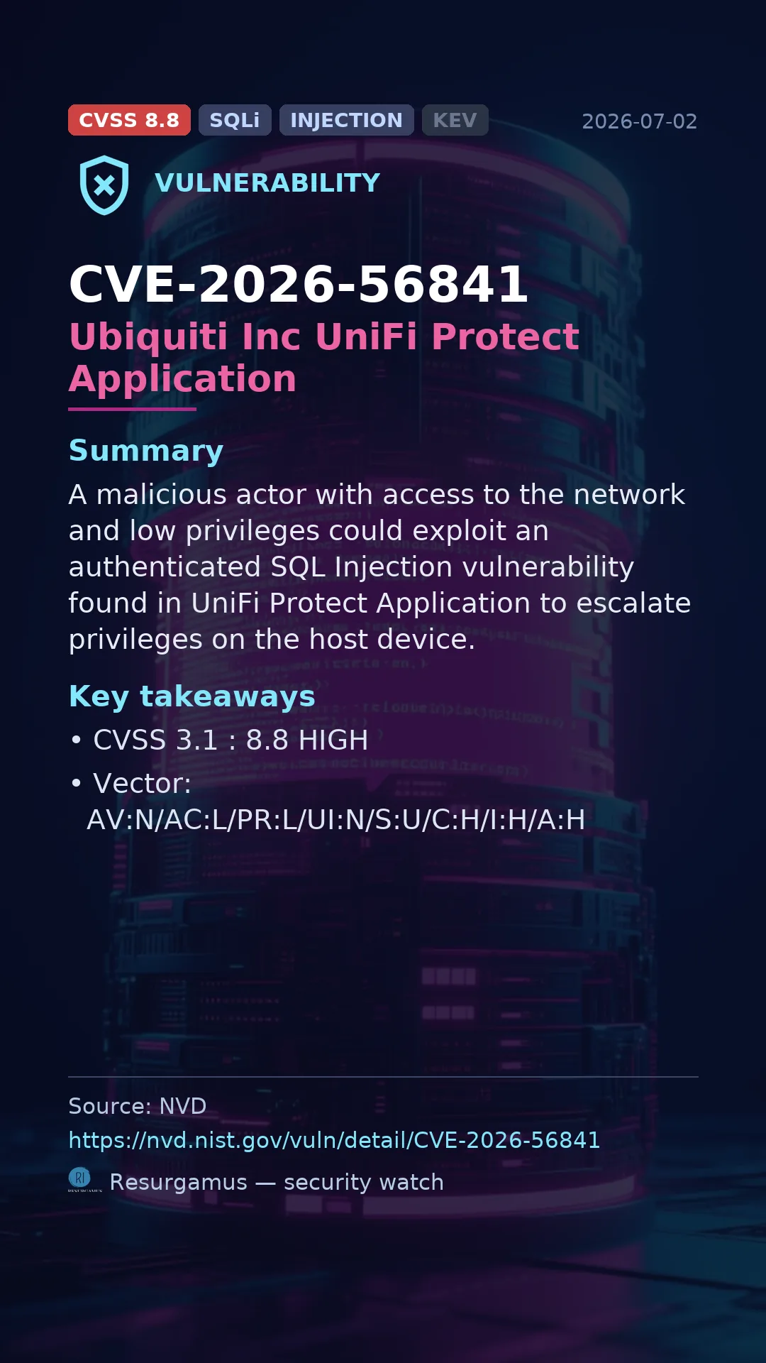 CVE-2026-56841 Ubiquiti Inc UniFi Protect Application Vulnerability