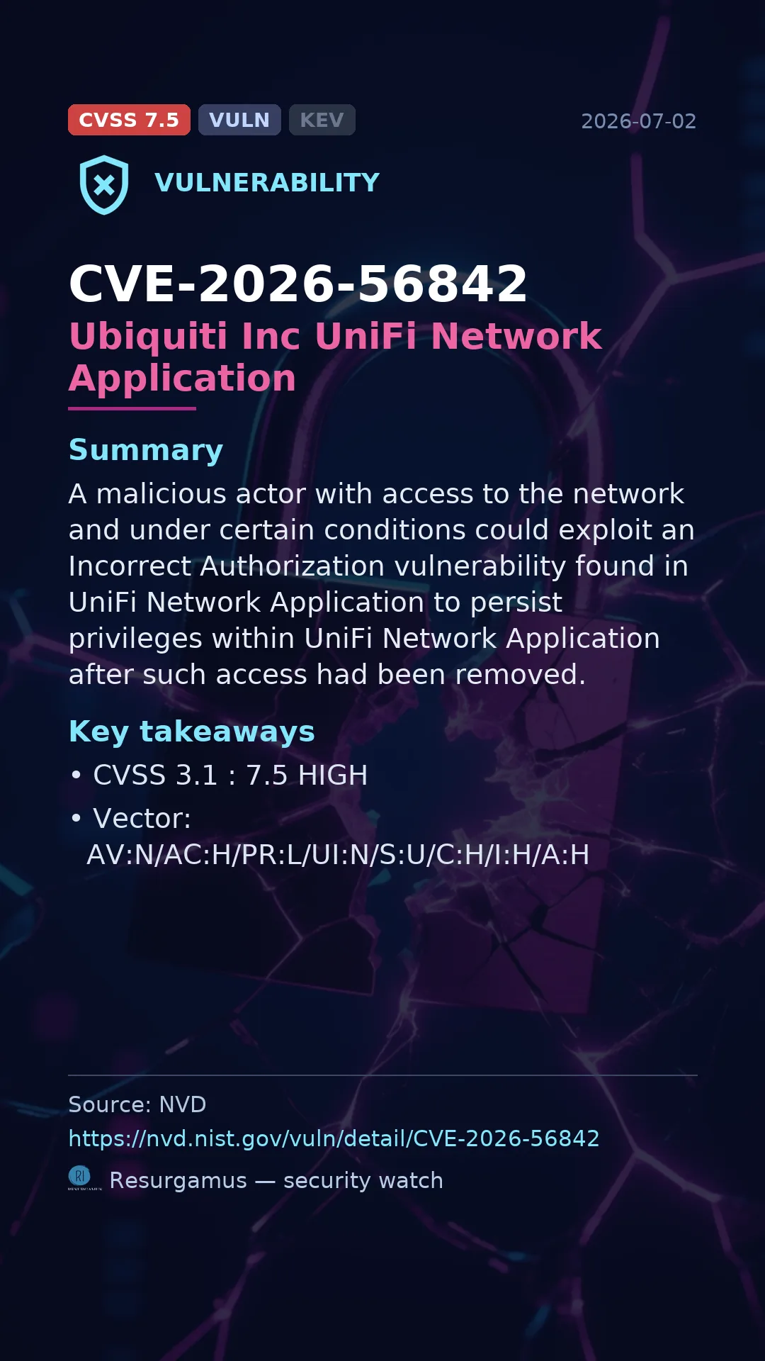 CVE-2026-56842 Ubiquiti Inc UniFi Network Application Vulnerability