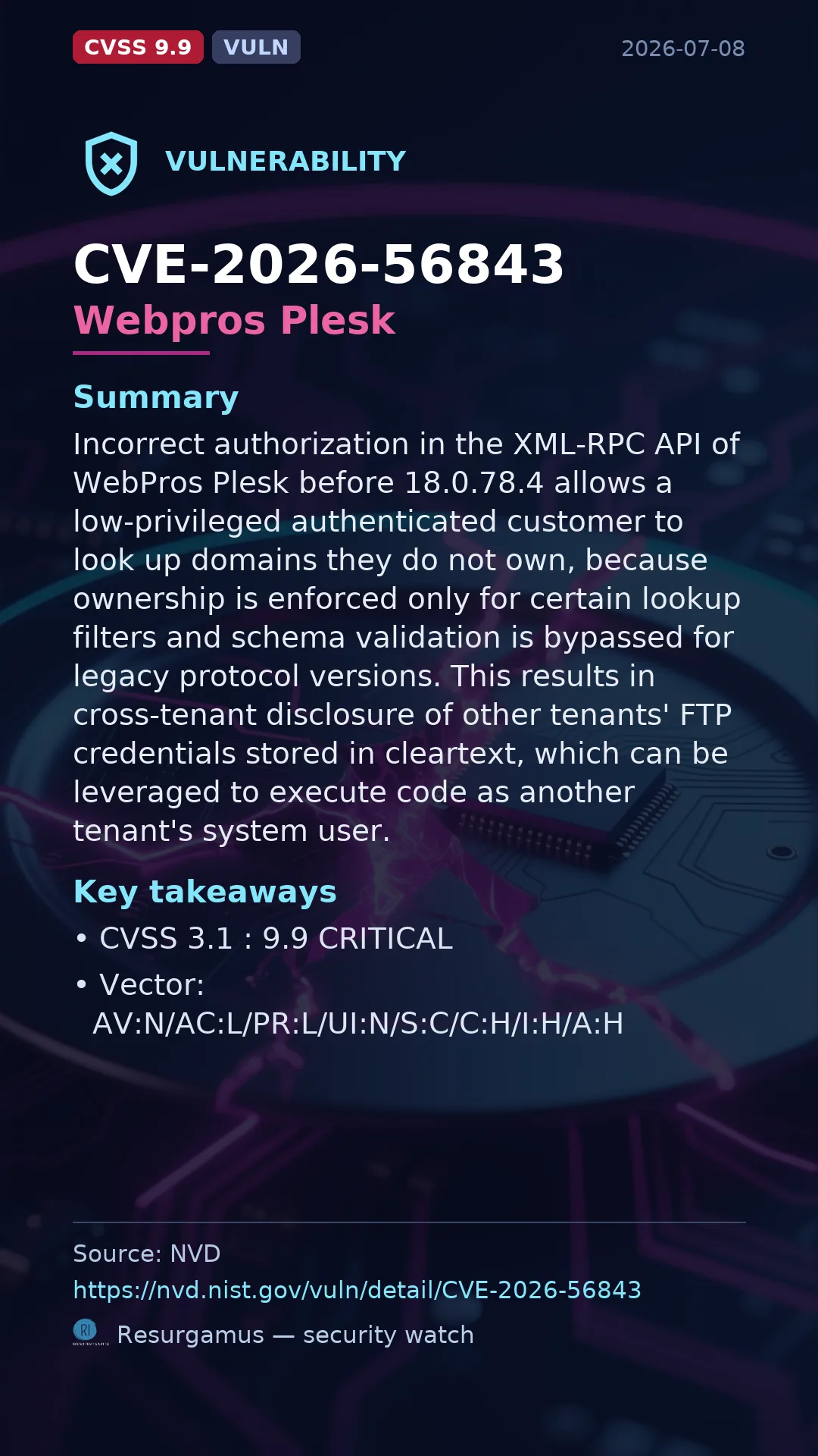 CVE-2026-56843 Webpros Plesk Vulnerability