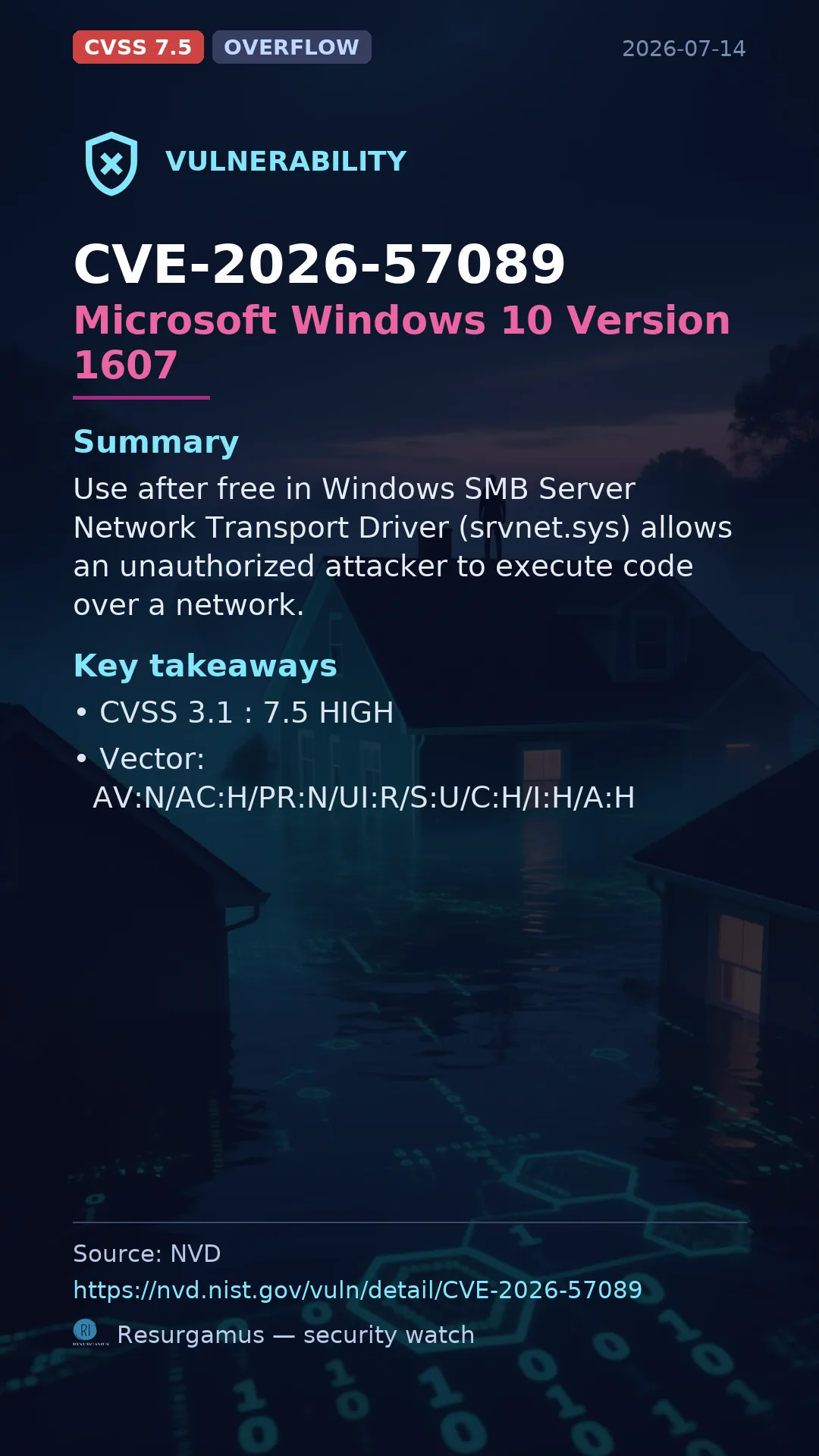 CVE-2026-57089 Microsoft Windows 10 Version 1607 Vulnerability