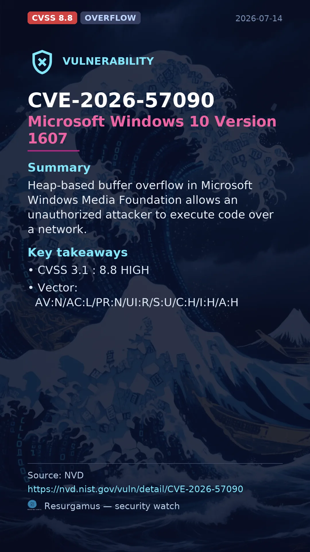 CVE-2026-57090 Microsoft Windows 10 Version 1607 Vulnerability