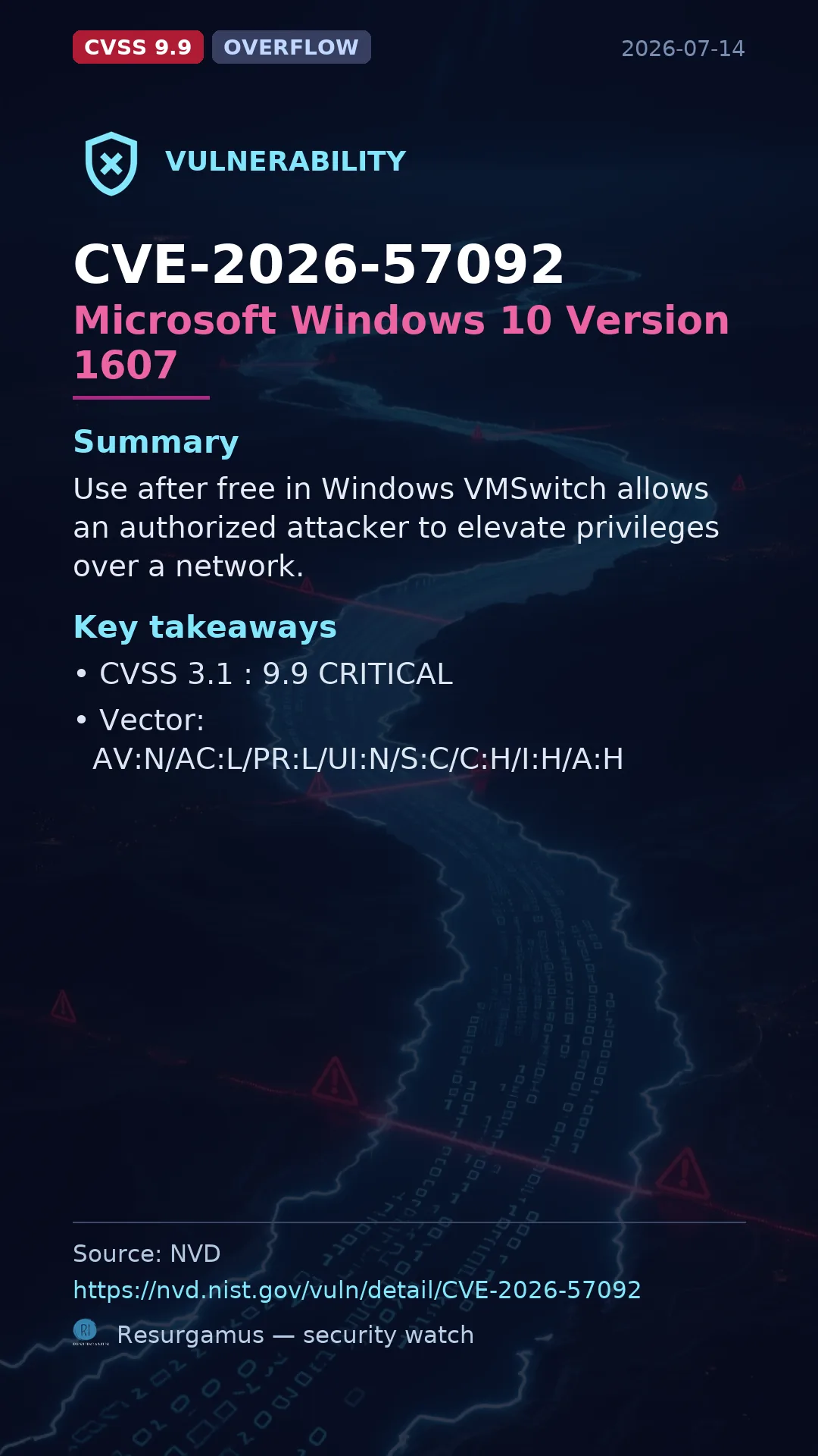 CVE-2026-57092 Microsoft Windows 10 Version 1607 Vulnerability