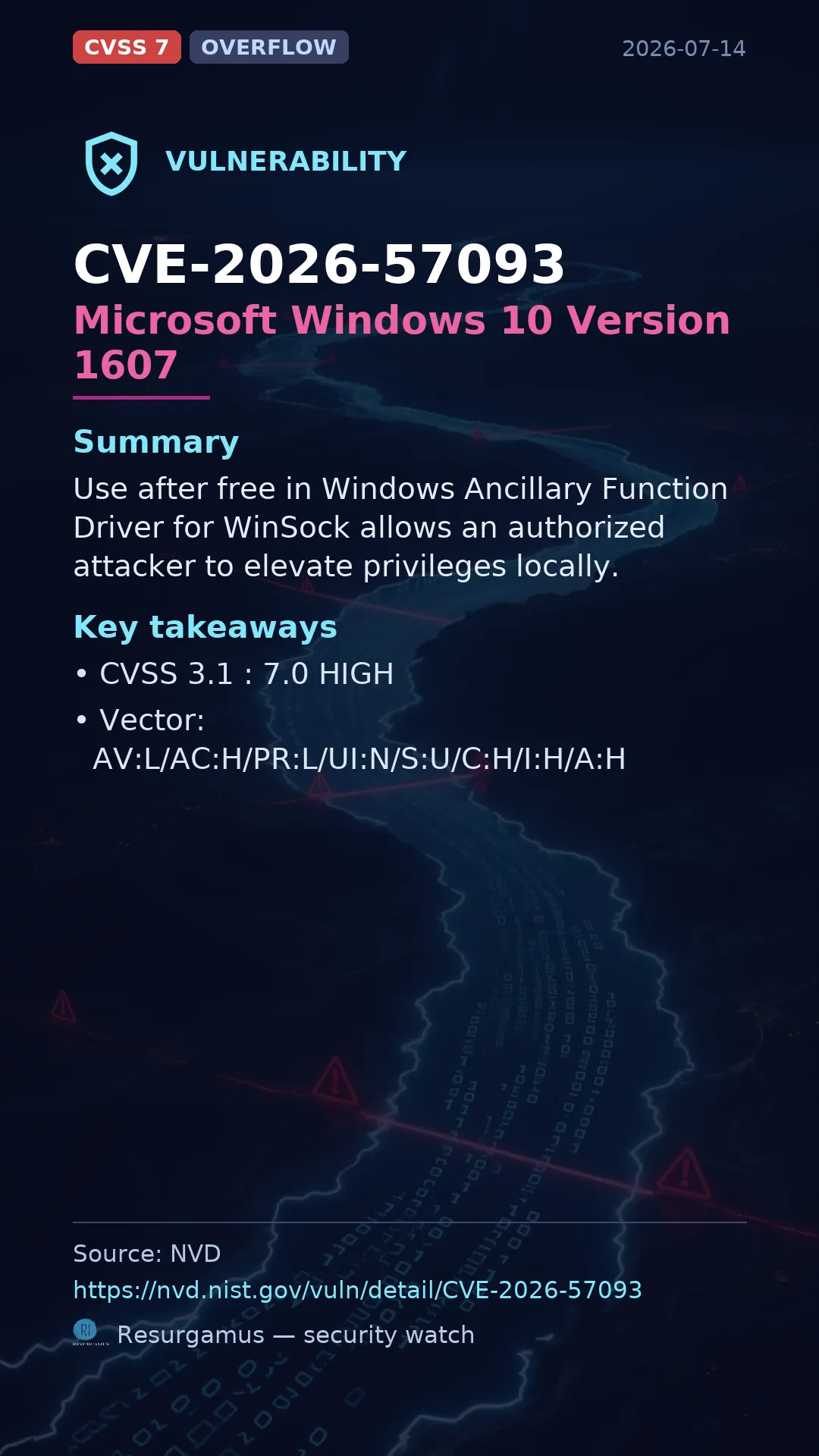 CVE-2026-57093 Microsoft Windows 10 Version 1607 Vulnerability