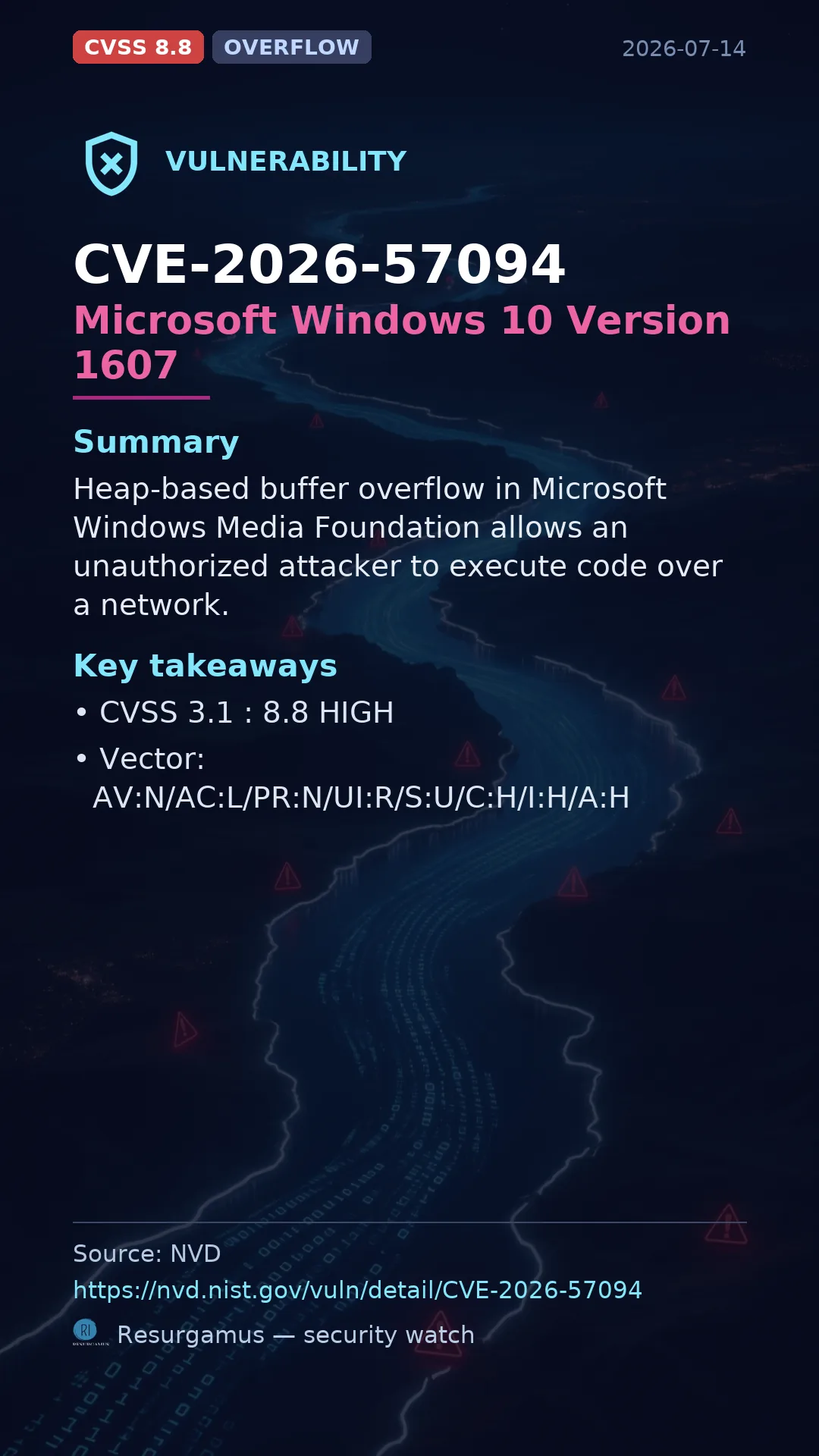CVE-2026-57094 Microsoft Windows 10 Version 1607 Vulnerability