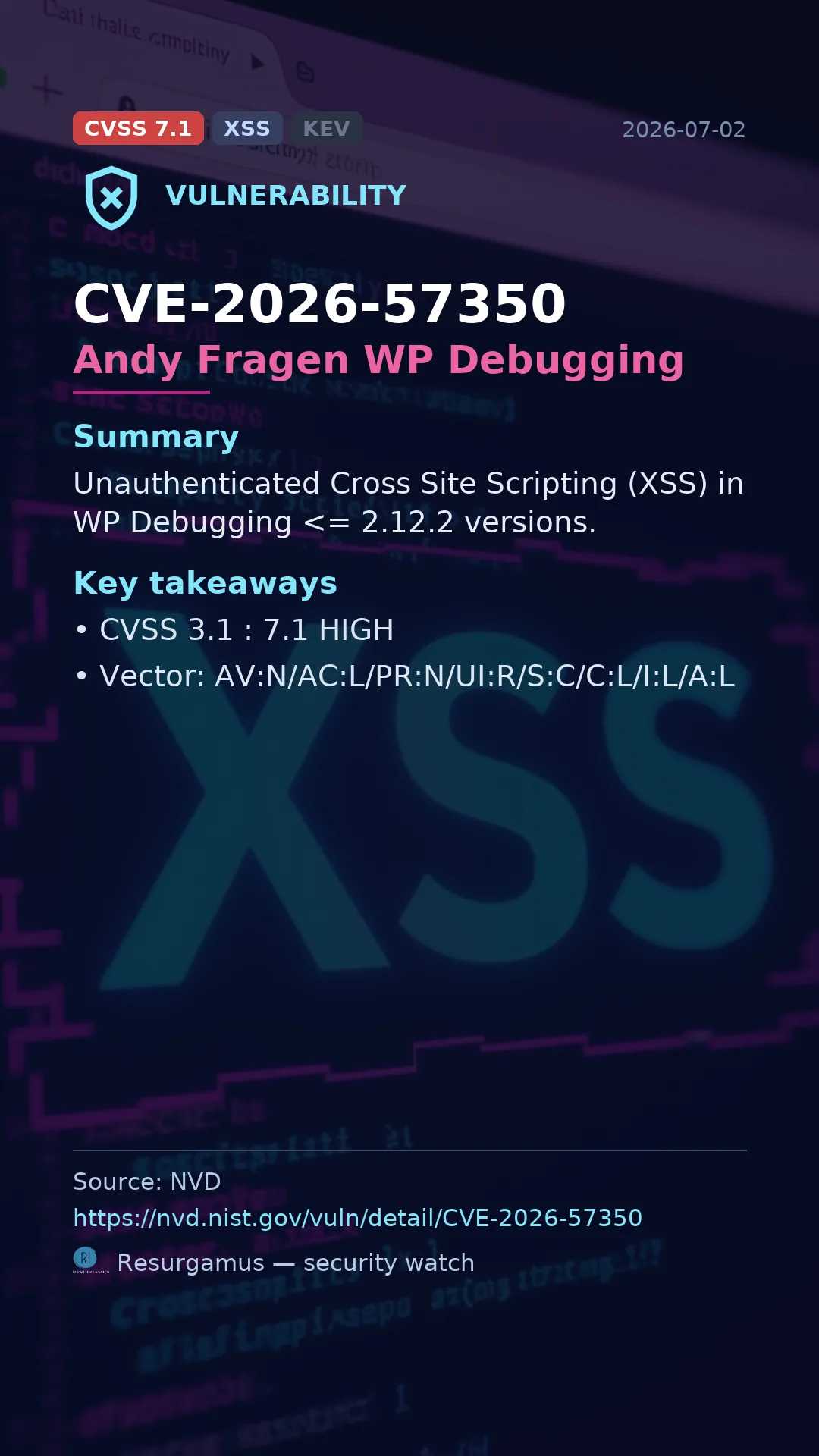 CVE-2026-57350 Andy Fragen WP Debugging Vulnerability